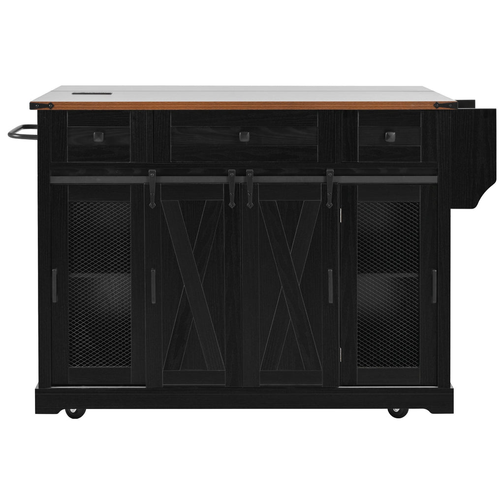 58“ Farmhouse Kitchen Island with Storage Sliding Barn Door Metal Grid Side Door