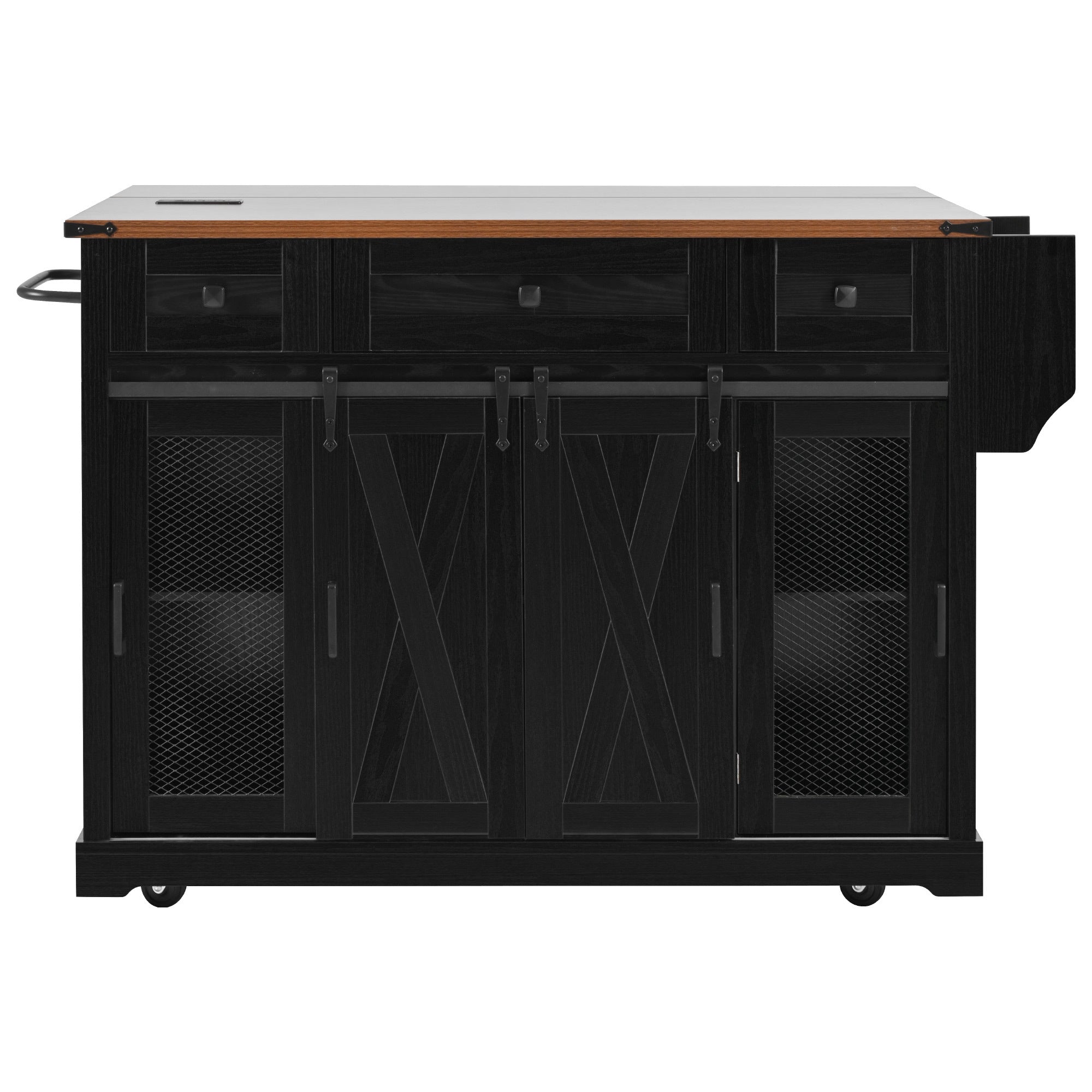 58“ Farmhouse Kitchen Island with Storage Sliding Barn Door Metal Grid Side Door