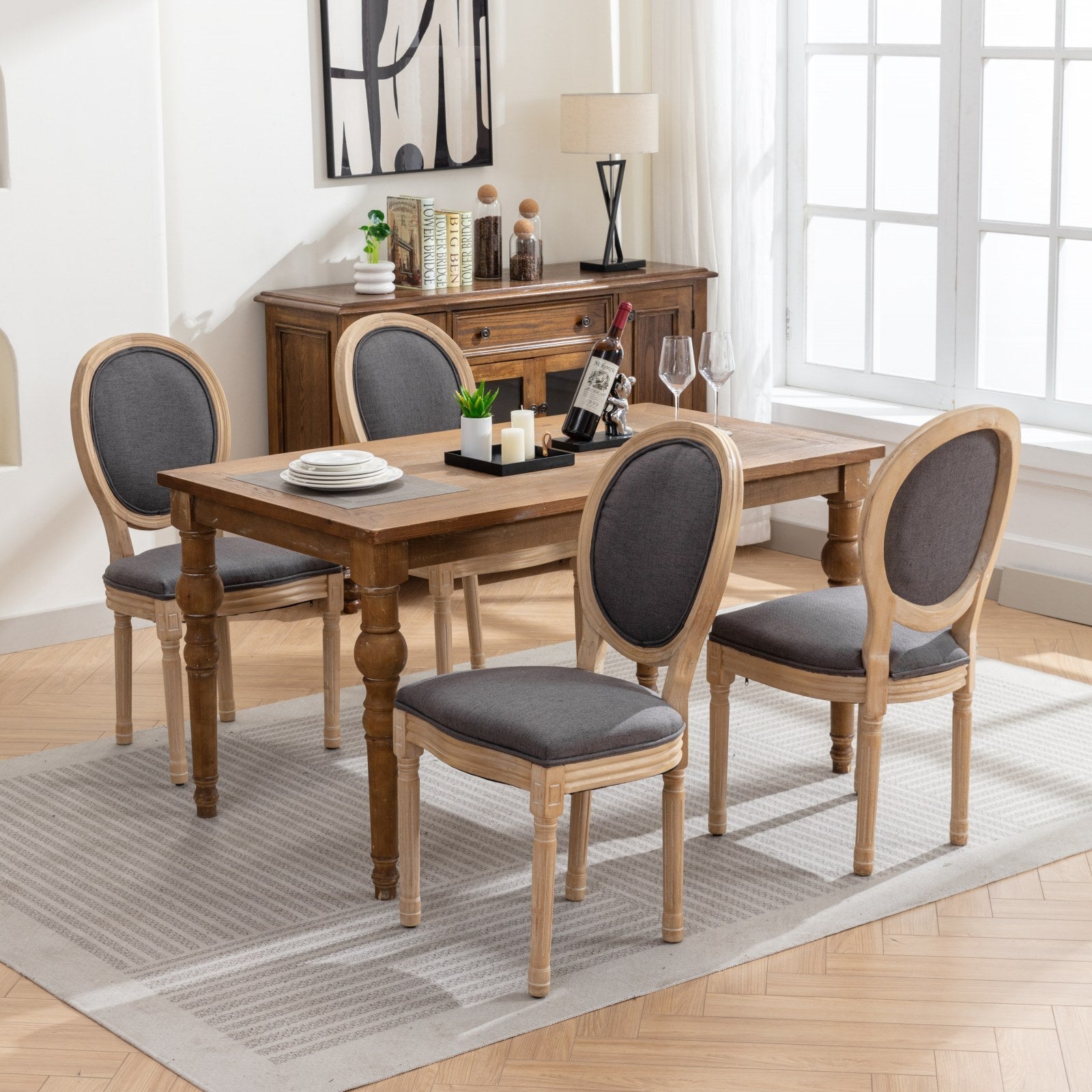 French Style Solid Wood Frame Linen Fabric Back Dining Chair (Set of 2)