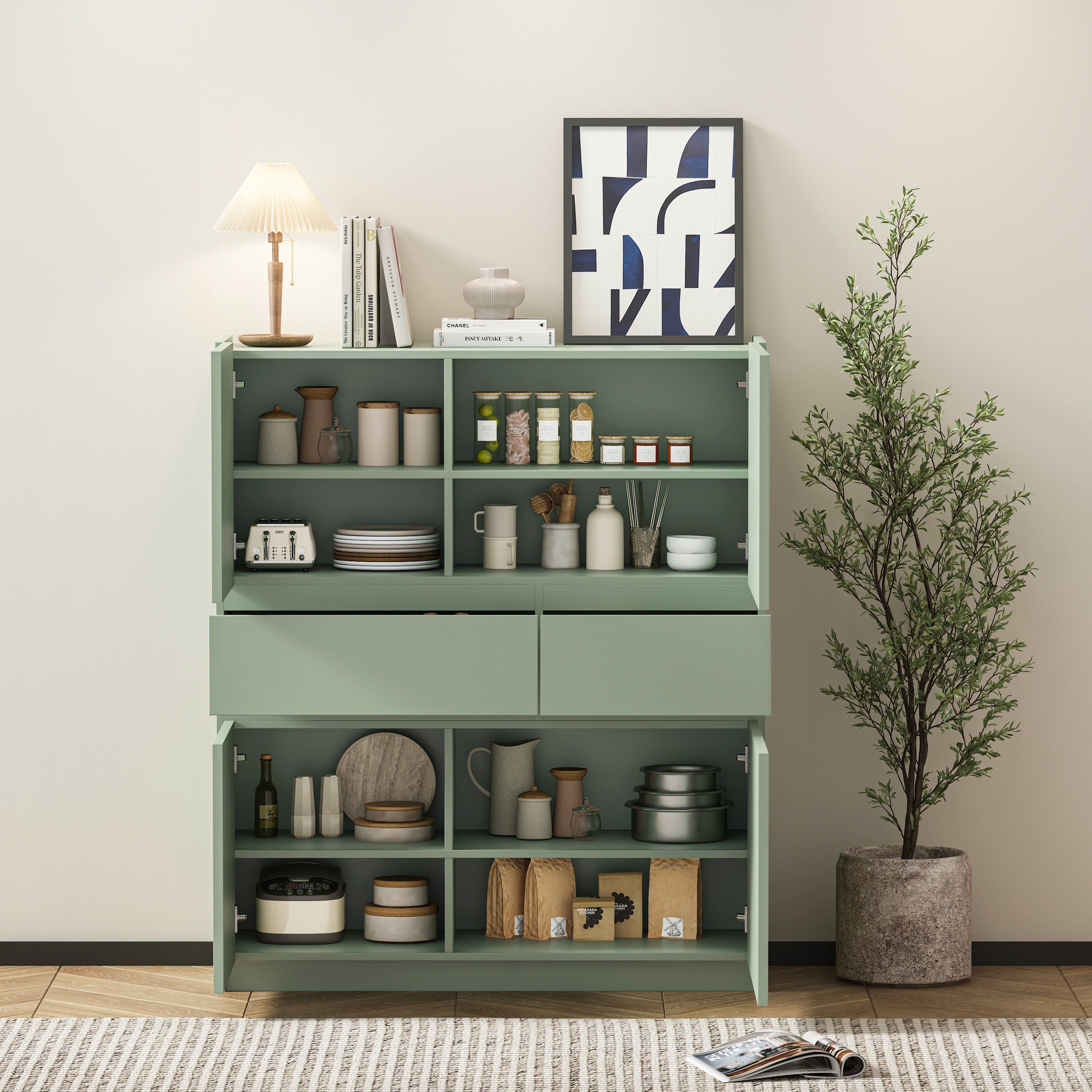 Wooden Storage Cabinet with 4 Doors and 2 Drawers