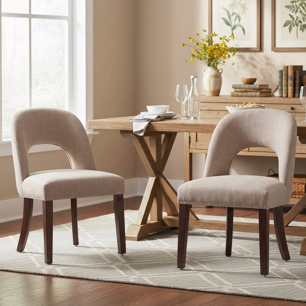 Firmoz Farmhouse Hollow Back Dining Chairs with Nailhead Trim & Rubberwood Legs