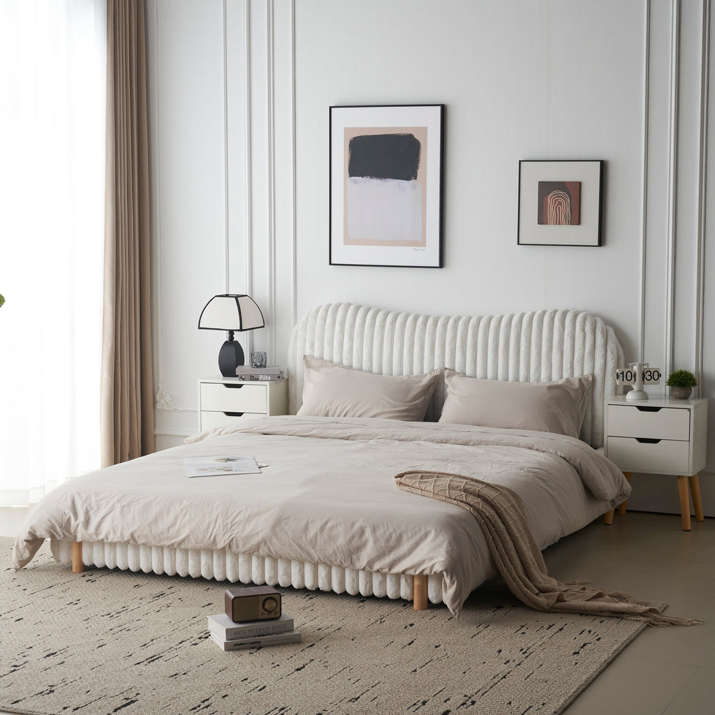 Sleek White Boucle Upholstered Bed with Wavy Headboard