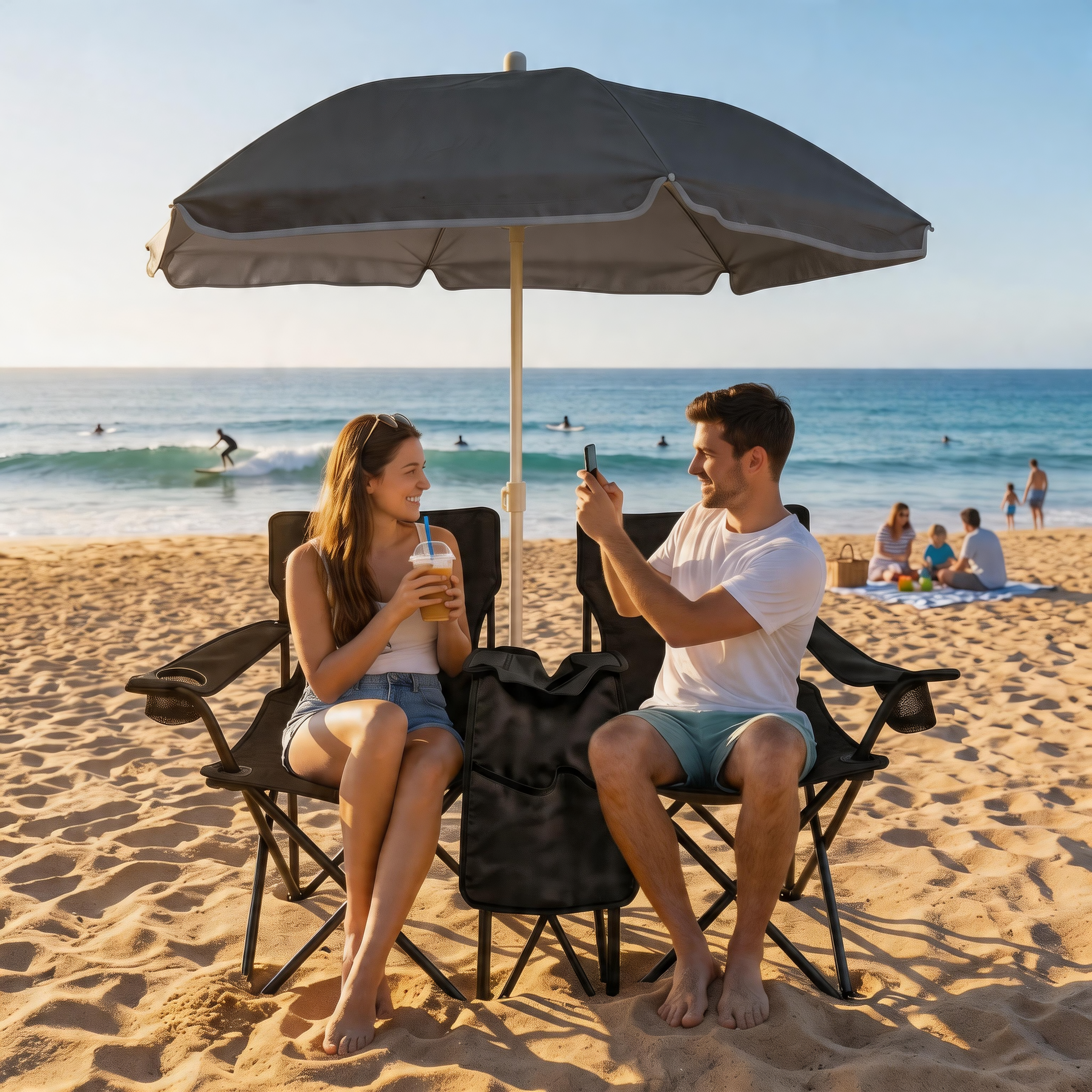 Portable Double Folding Beach Chair Set with Umbrella 2 Person Camping