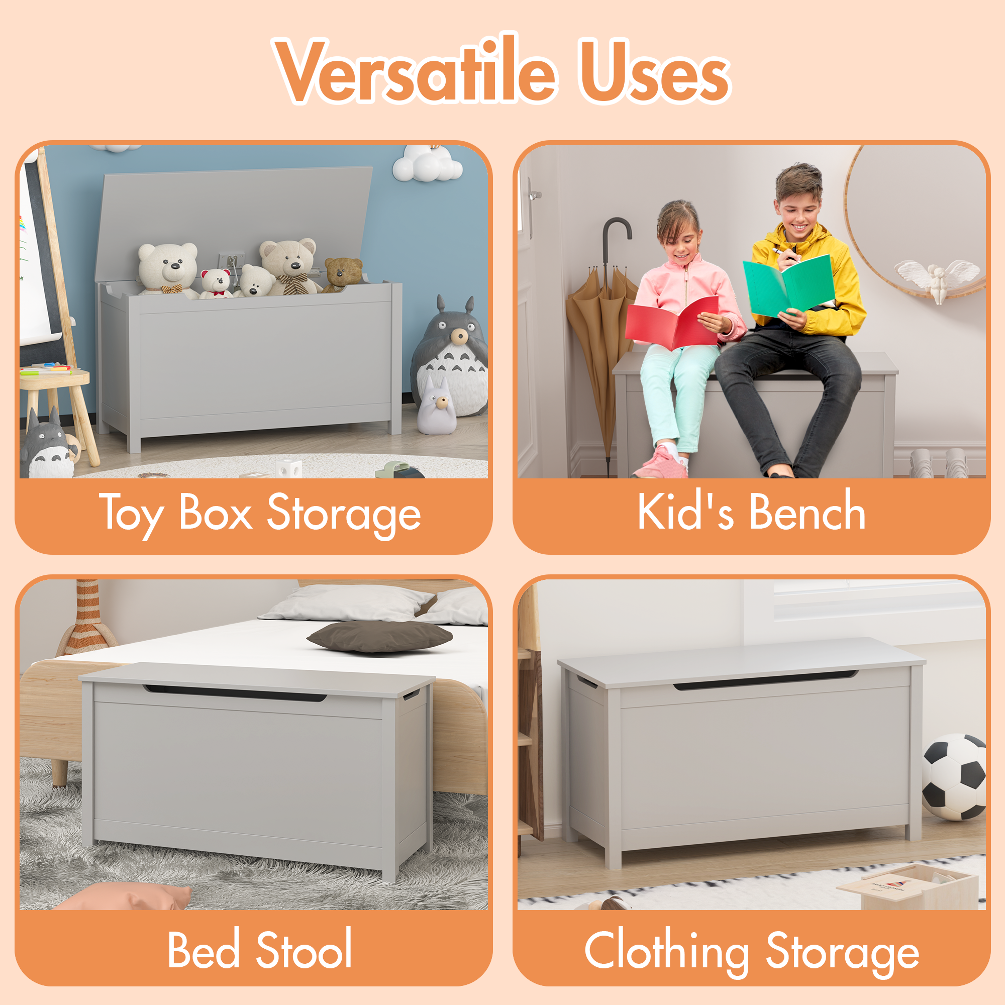 Kids Wooden Toy Box Storage with Safety Hinged Lid for Ages 2+
