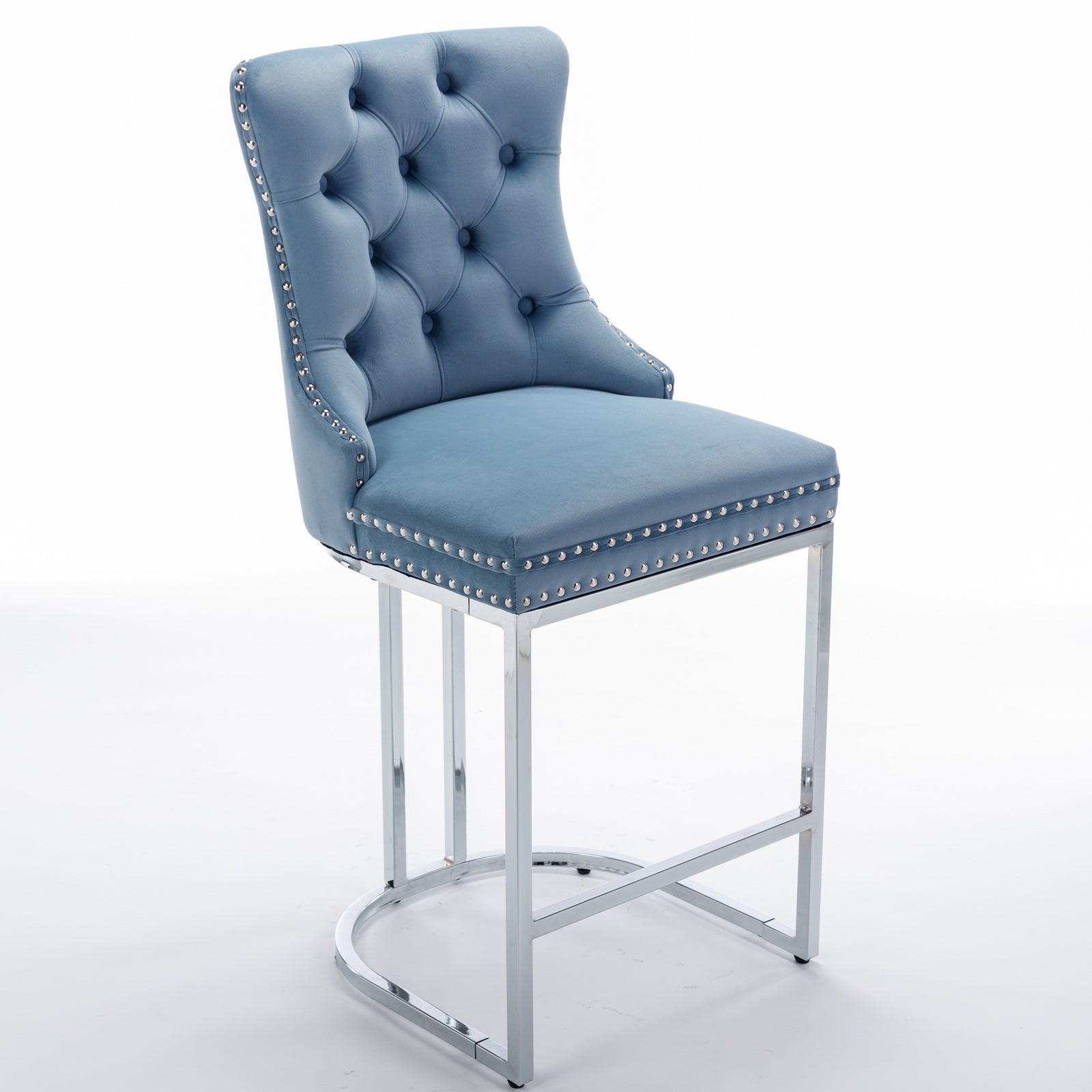 Luxury Elegant Nailhead Trim Tufted Velvet Bar Stools (Set of 2)