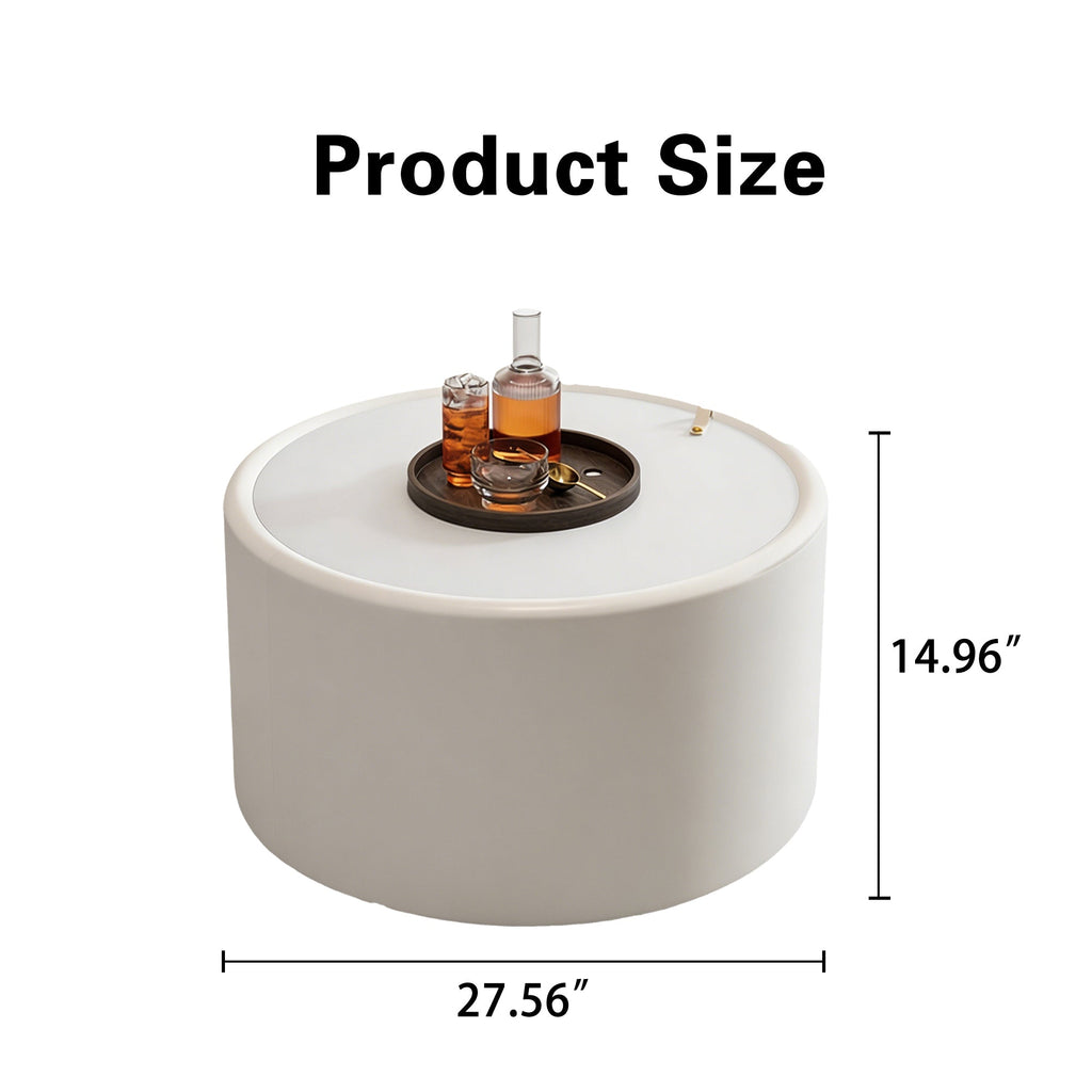 28“  PU Leather Round Coffee Table with Tempered Glass Top