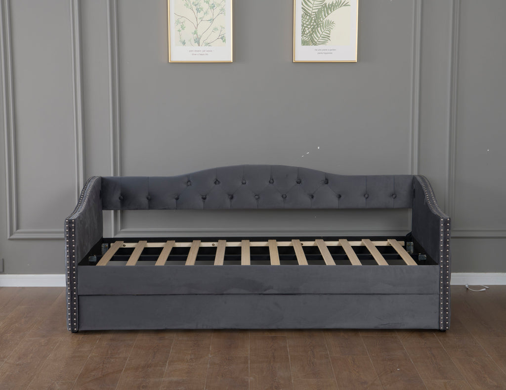 Twin Size Upholstered Daybed with Trundle and USB Charging Design