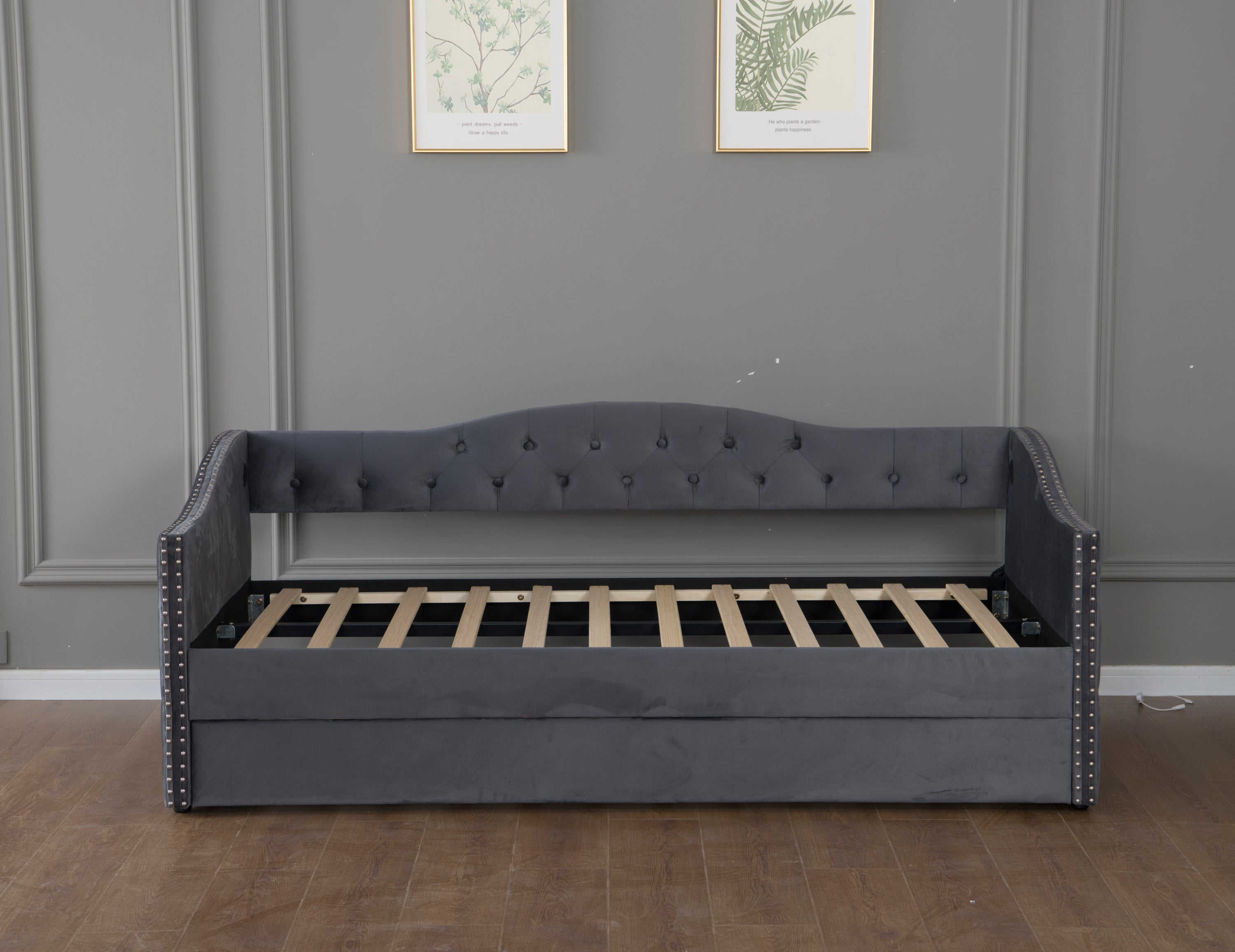 Twin Size Upholstered Daybed with Trundle and USB Charging Design
