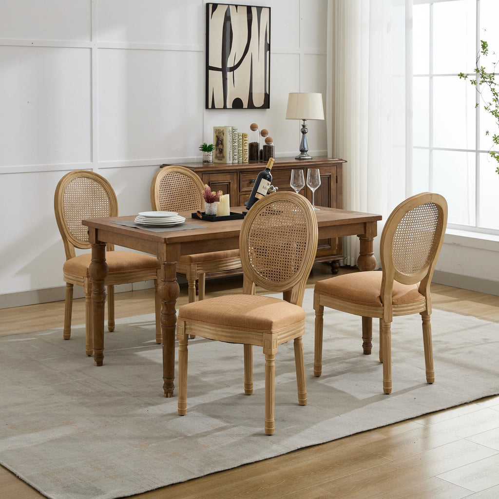 French Style Linen Fabric Rattan Back Dining Chairs (Set of 2)