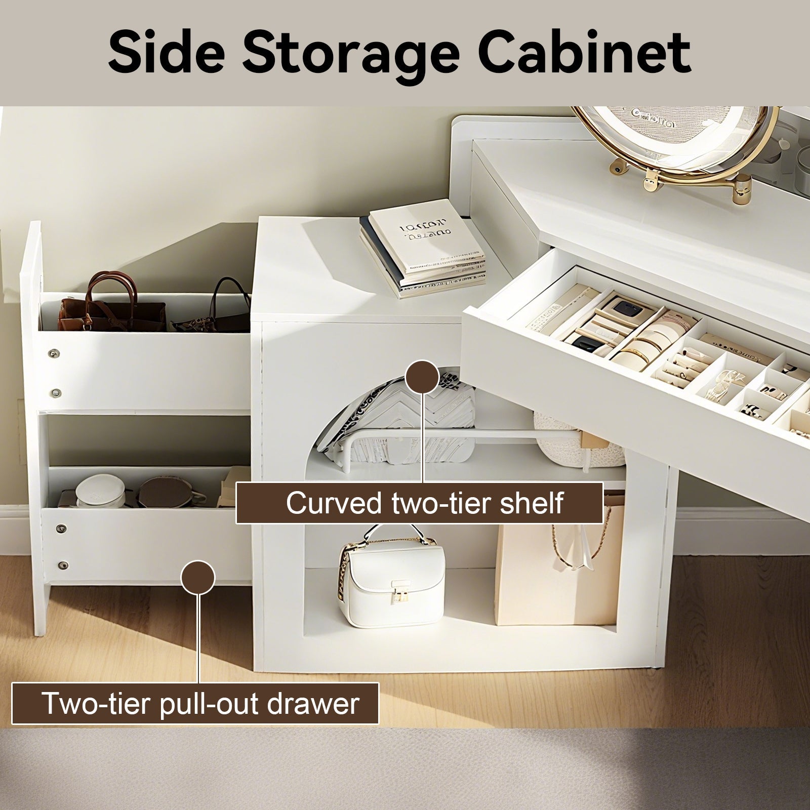 Modern Corner Vanity Set with Mirror and Stool