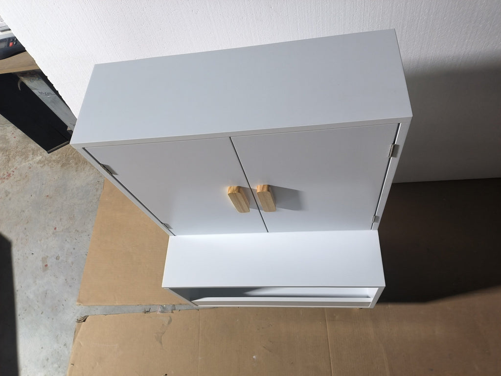 White Modern Wooden Toy Storage Cabinet with Natural Wood Legs