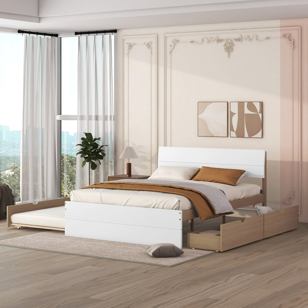 Modern Full Size Bed Frame with Twin Size Trundle and 2 Drawers