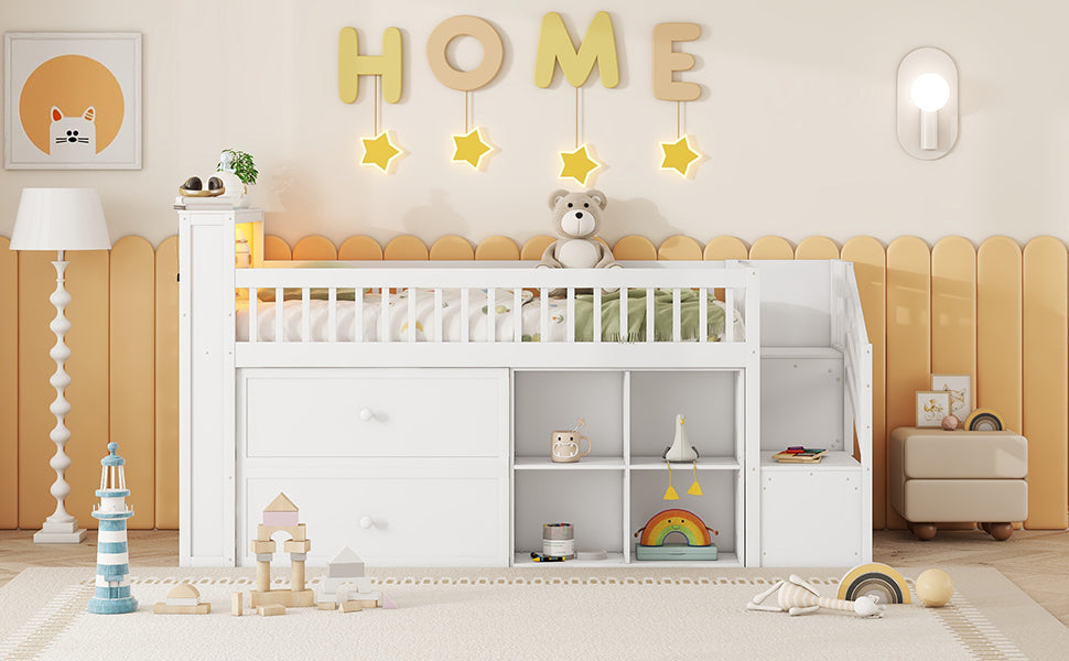 Twin Size Loft Bed with LED and Bookshelf