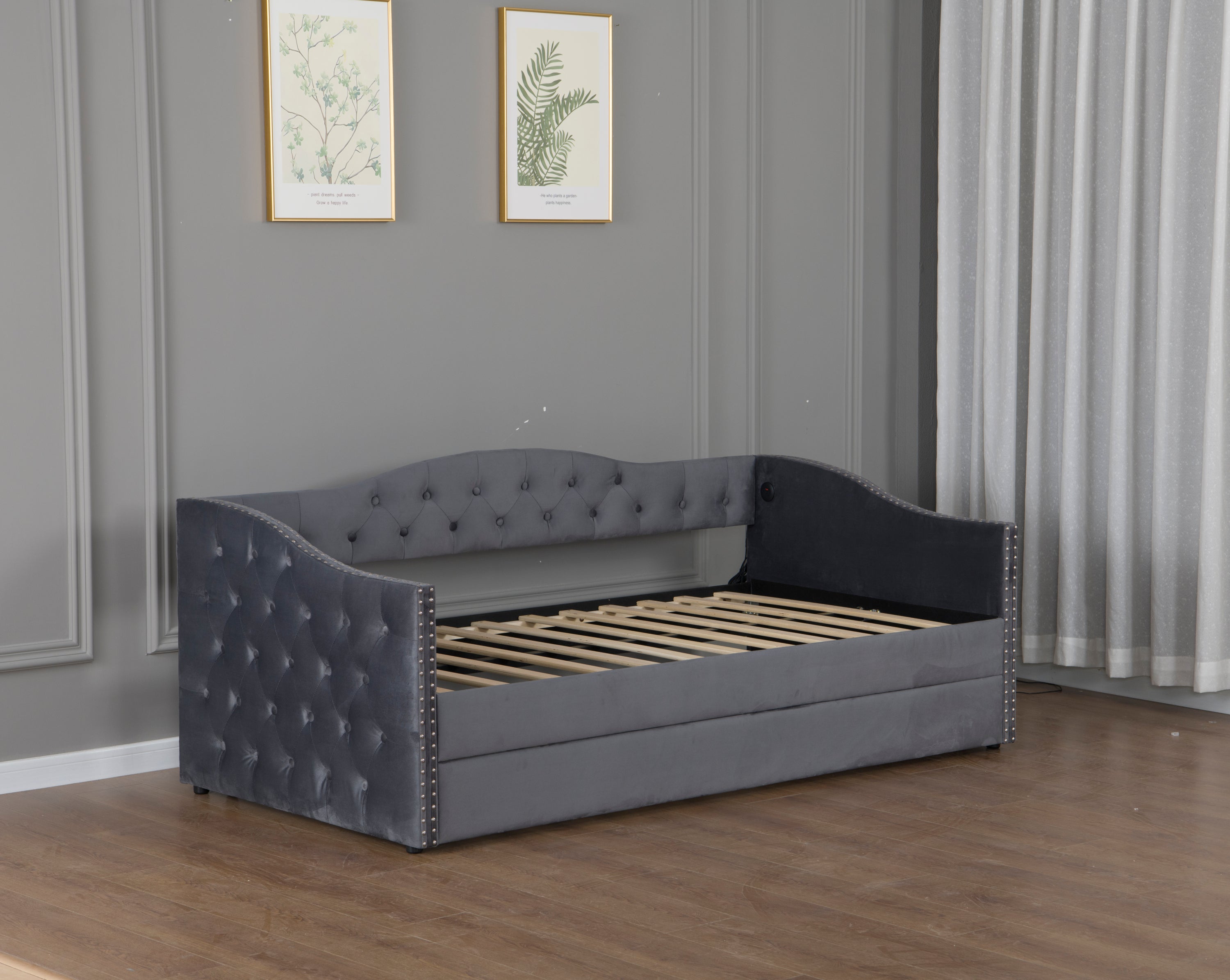 Twin Size Upholstered Daybed with Trundle and USB Charging Design