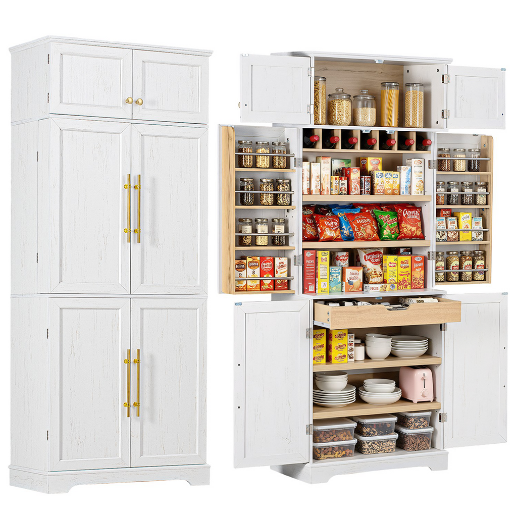 78" Tall Farmhouse Kitchen Pantry Cabinet with Shelves Drawer Wine Rack