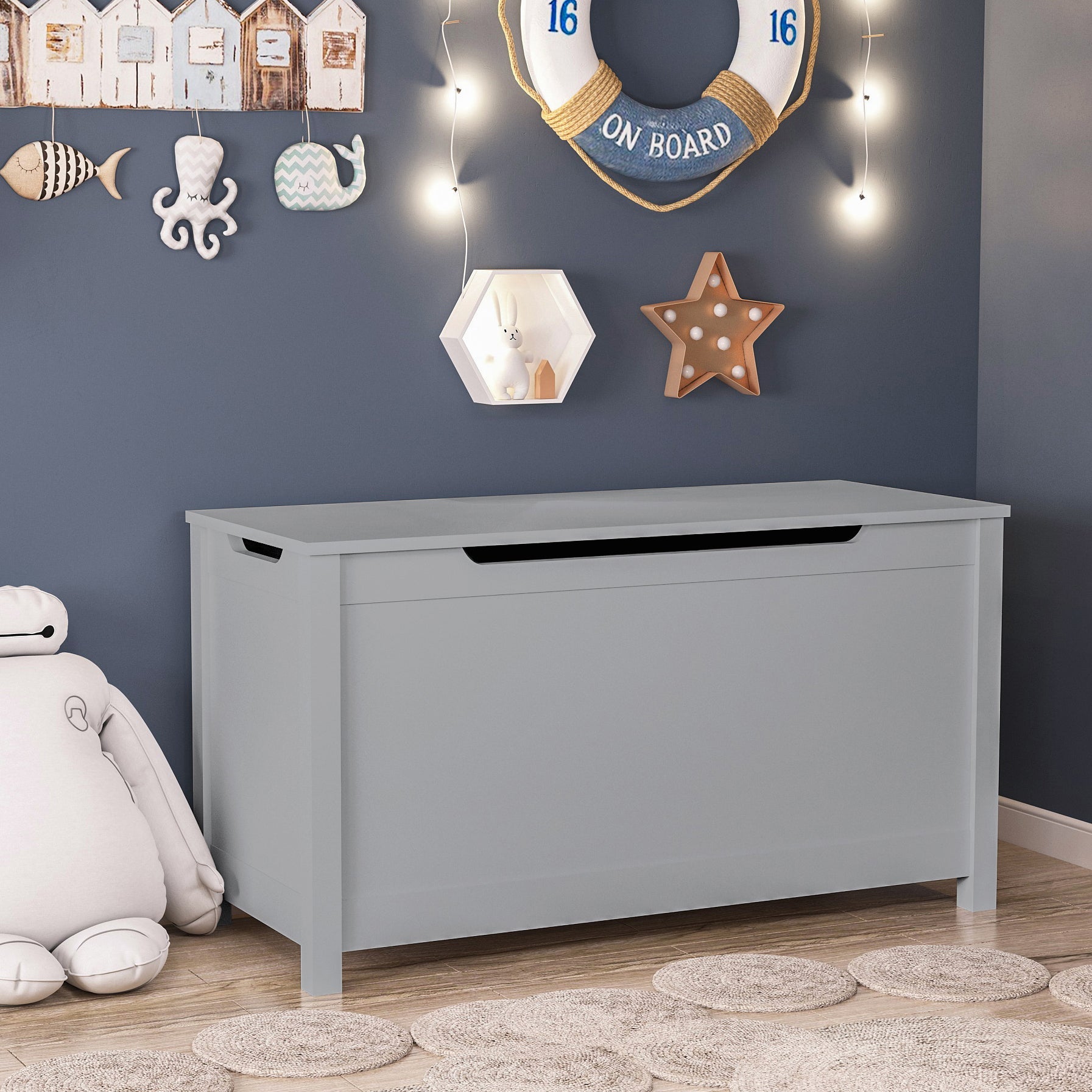 Kids Wooden Toy Box Storage with Safety Hinged Lid for Ages 2+