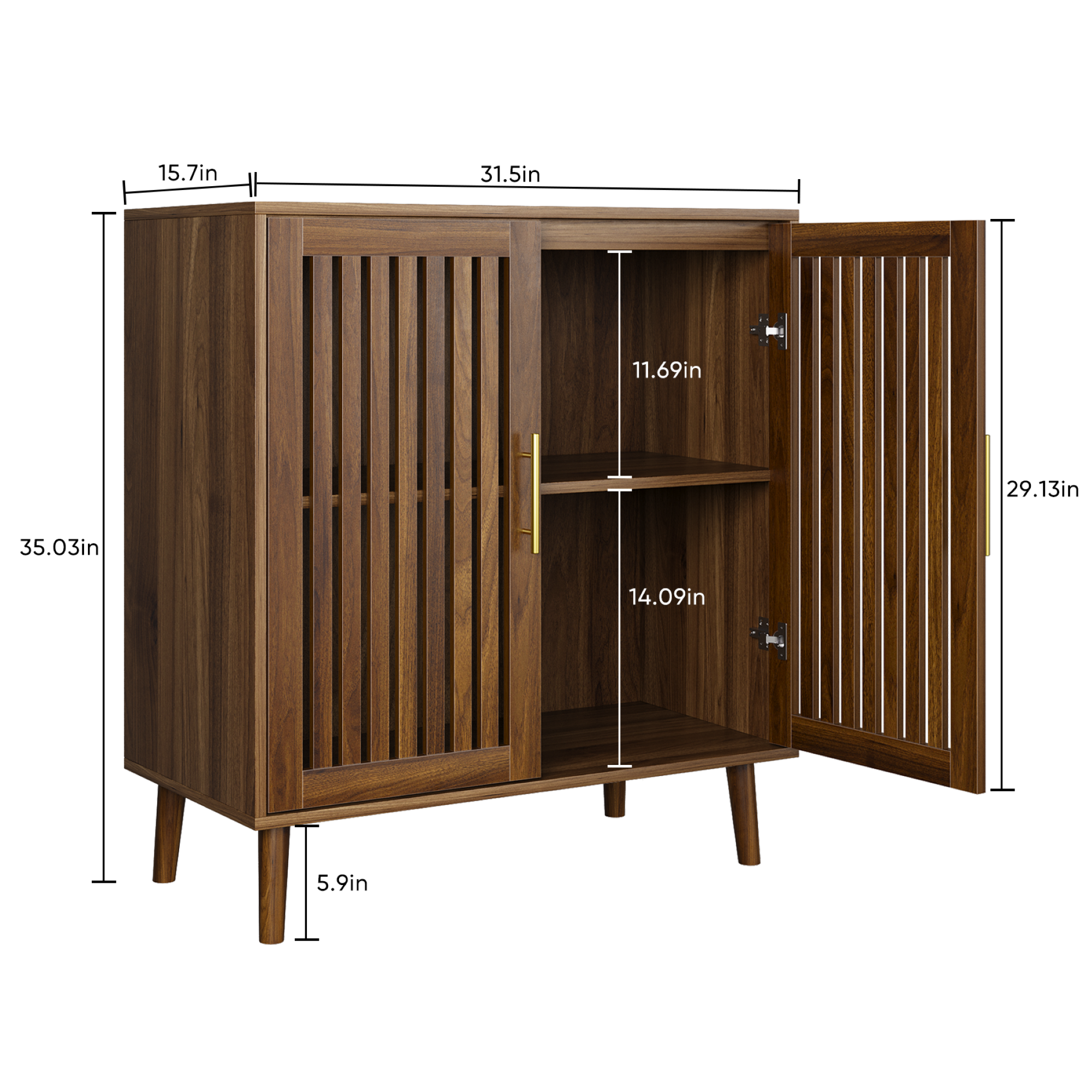 Farmhouse Walnut Sideboard Buffet Cabinet With Louvered Doors