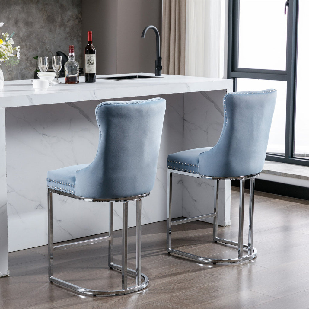 Luxury Elegant Nailhead Trim Tufted Velvet Bar Stools (Set of 2)