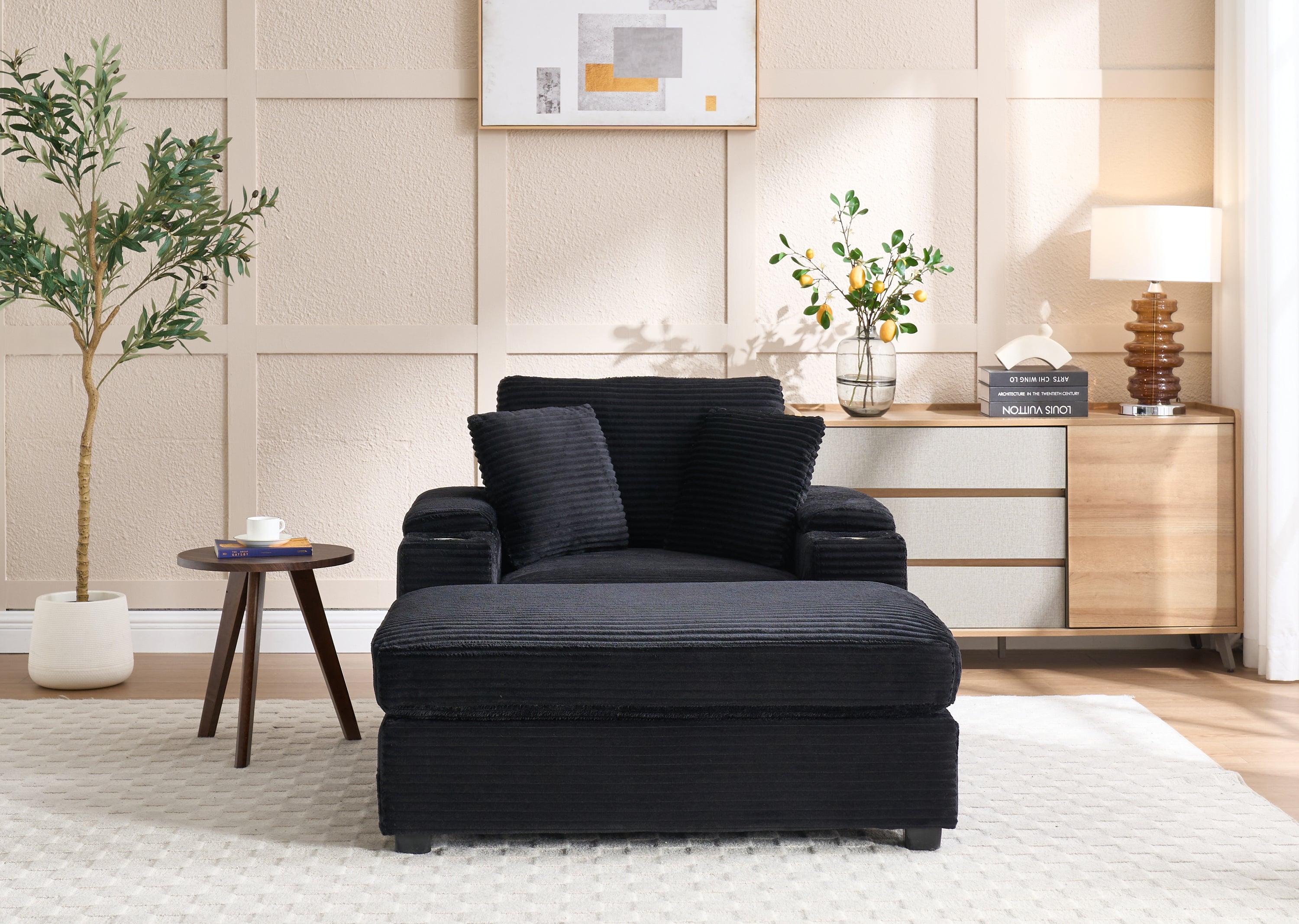 Corduroy Upholstered Chaise Lounge Sofa with Handrail Storage