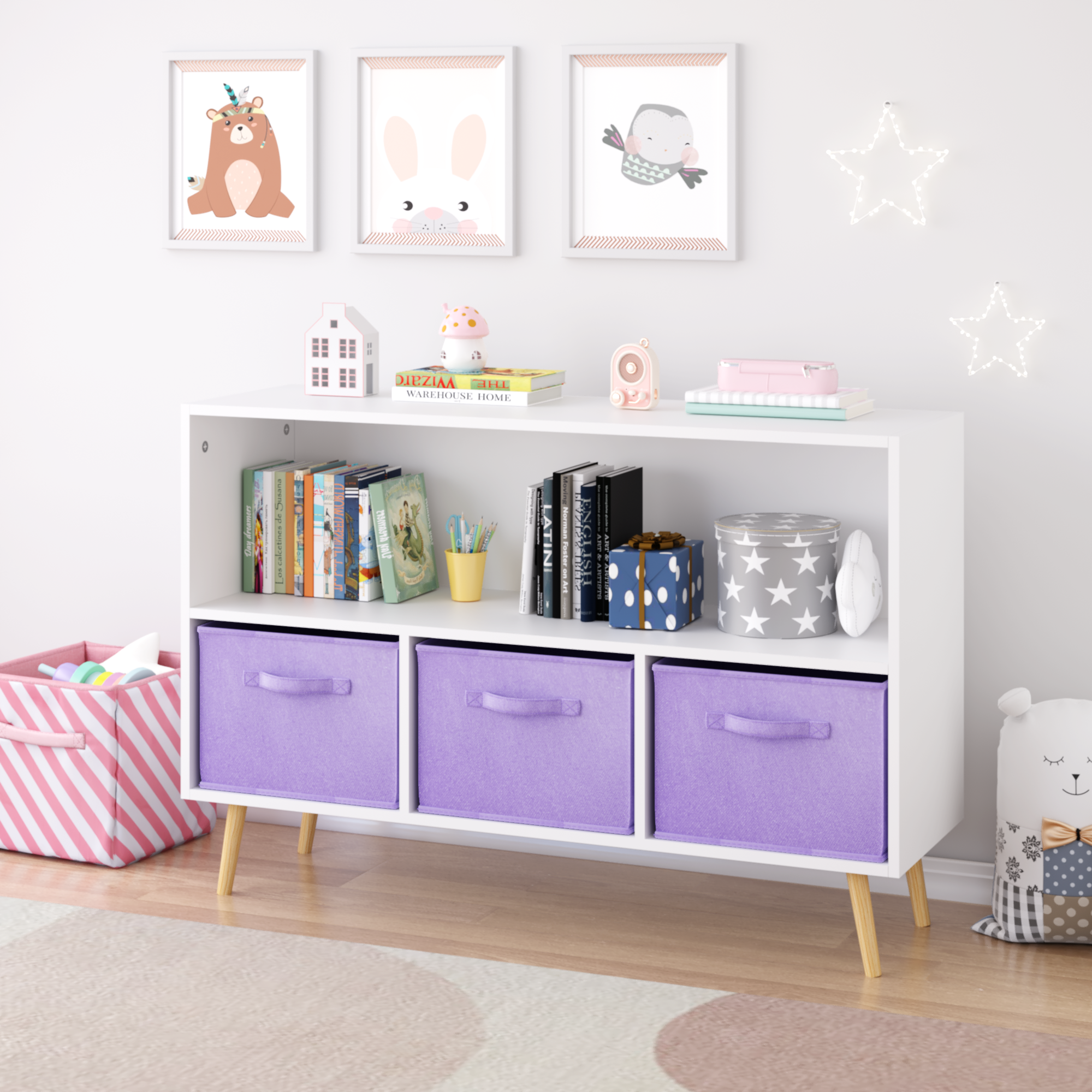 Children's Book Display Kids Bookcase with 3 Fabric Bins