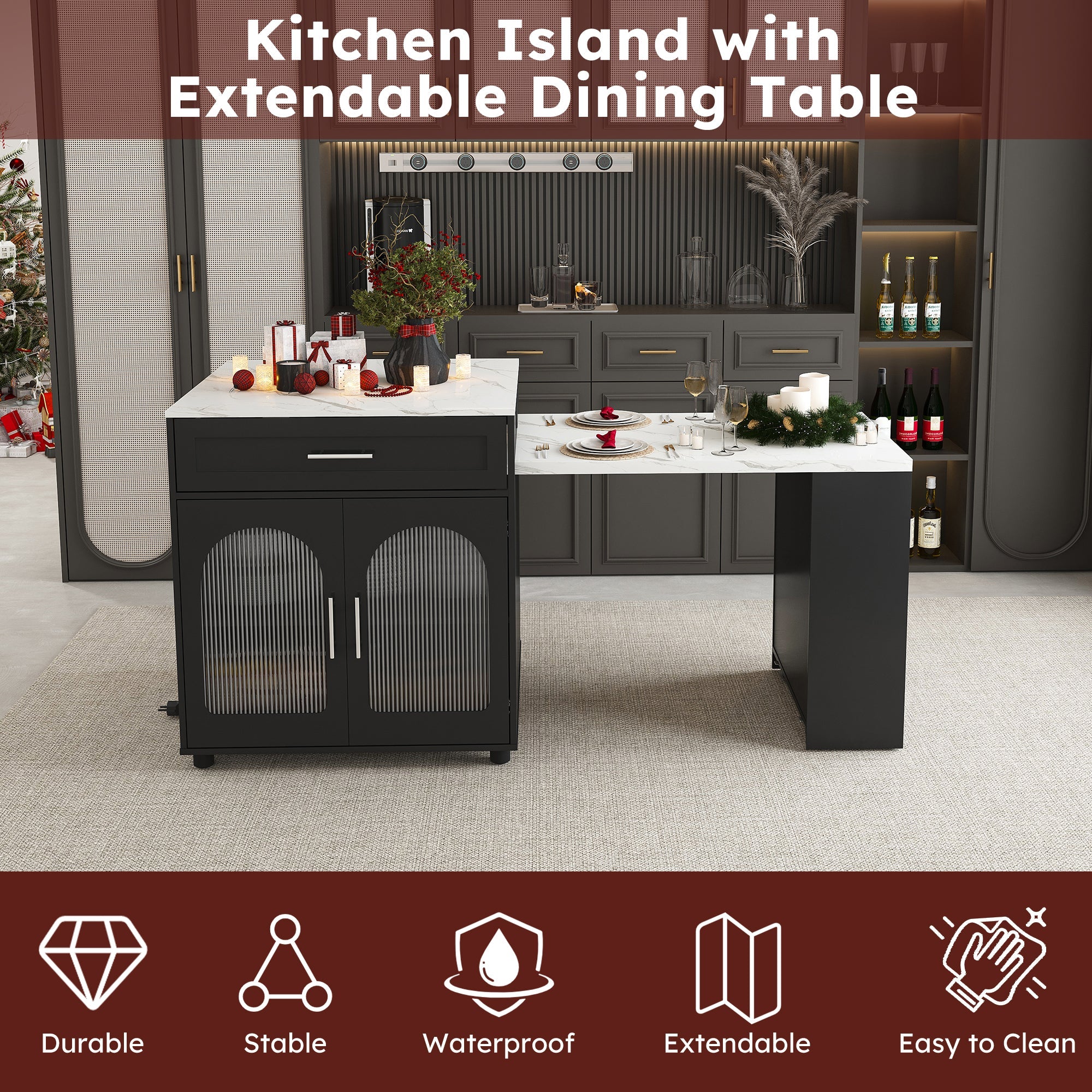 Expandable Kitchen Island with Dining Table