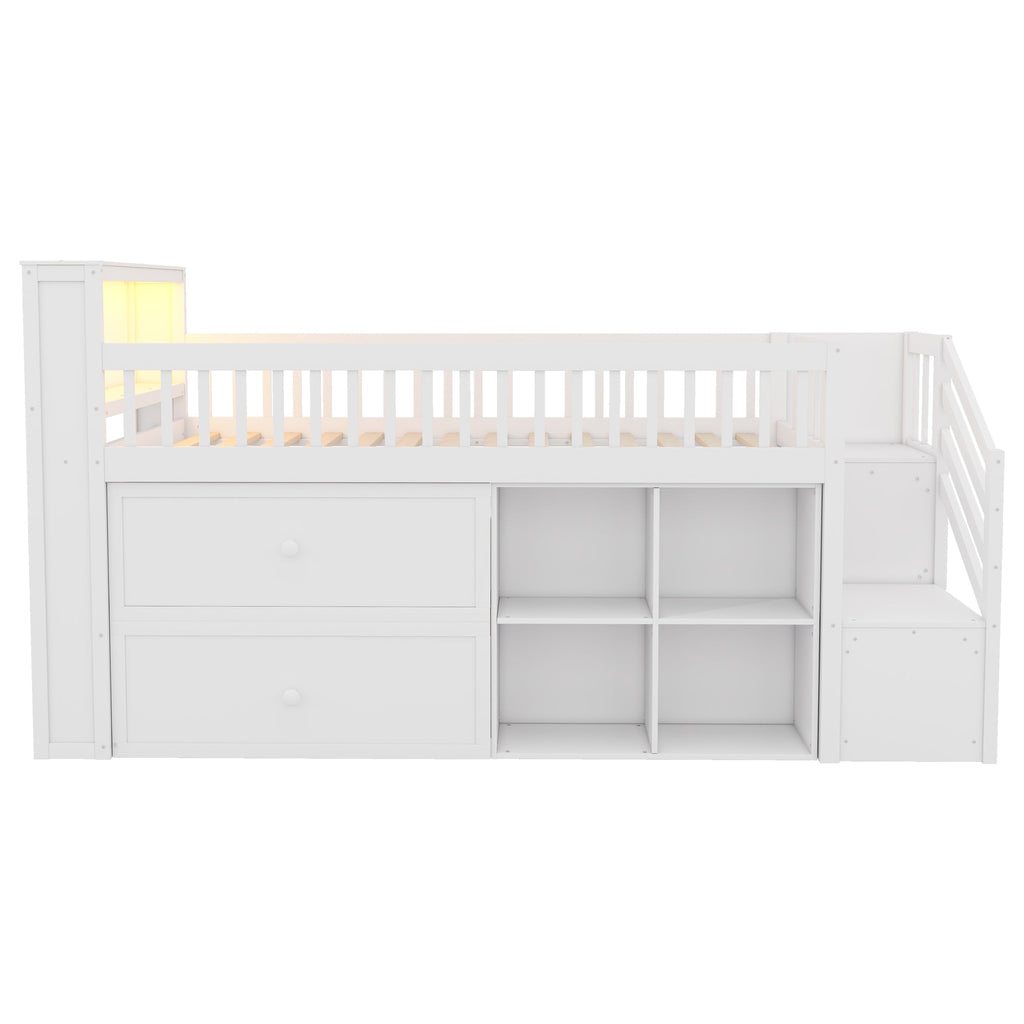 Twin Size Loft Bed with LED and Bookshelf