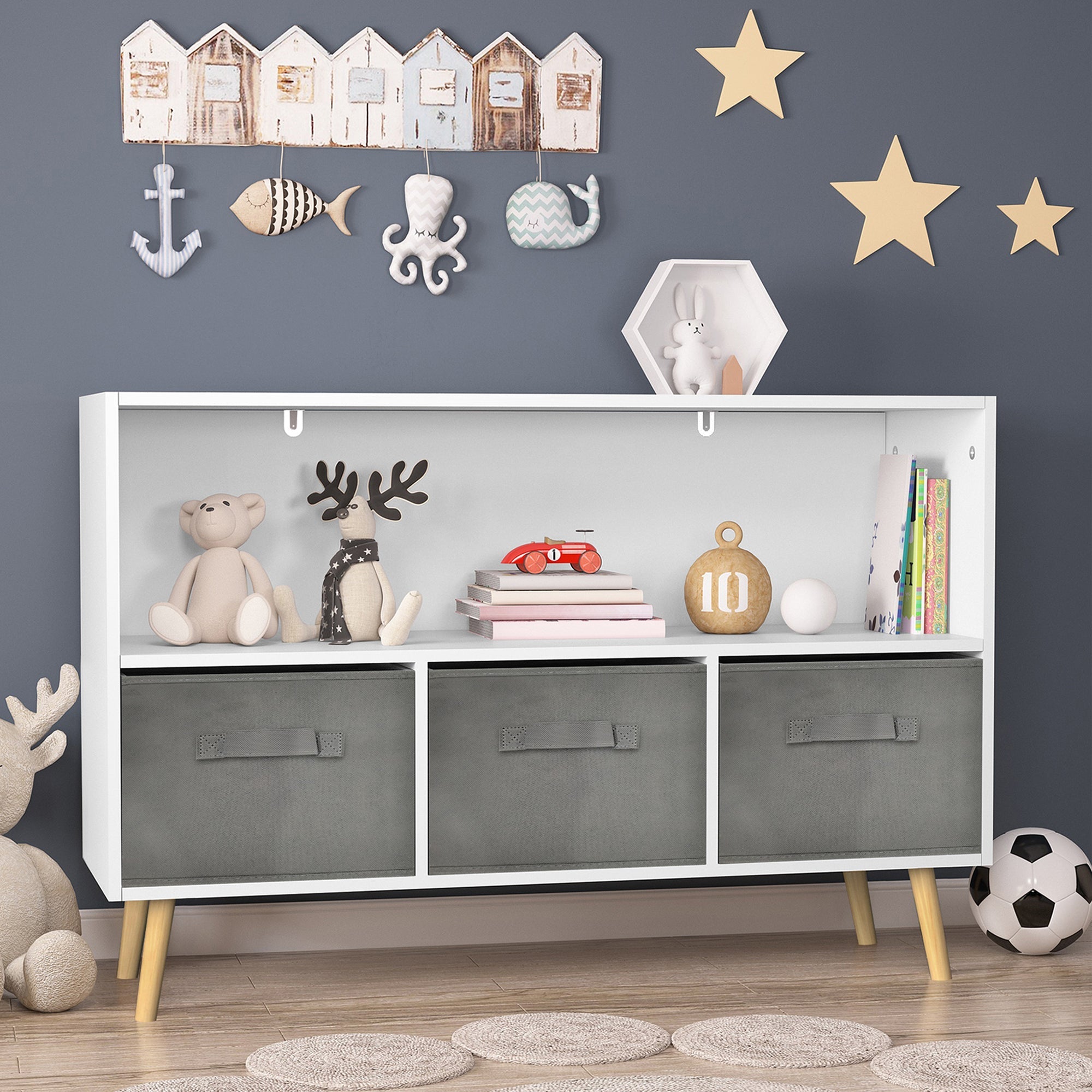 Children's Book Display Kids Bookcase with 3 Fabric Bins