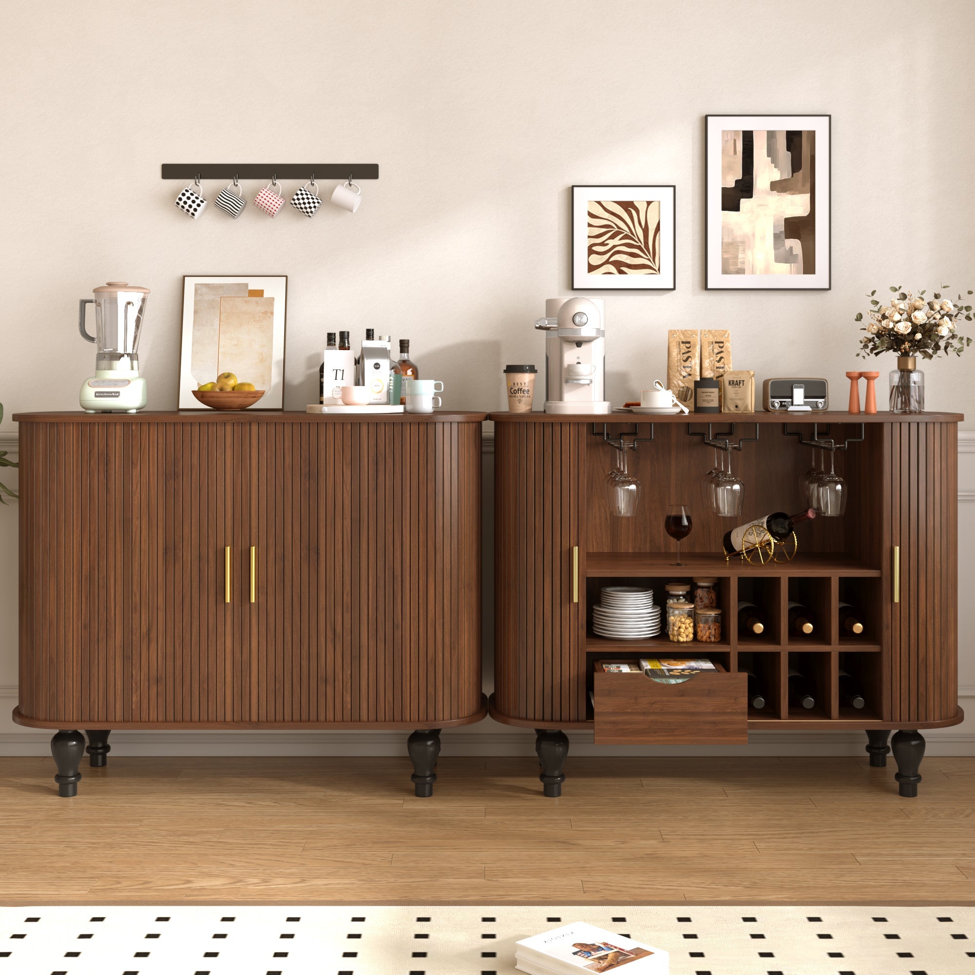 39" Fluted Liquor and Coffee Bar Cabinet with Wine Racks Glass Holders Storage