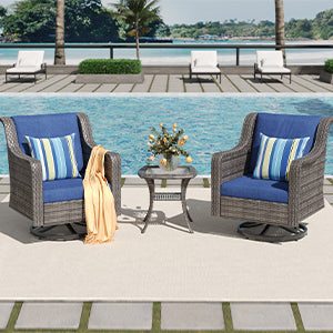 2-Piece Outdoor Wicker Swivel Chairs with Side Table Blue Cushioned Patio Set