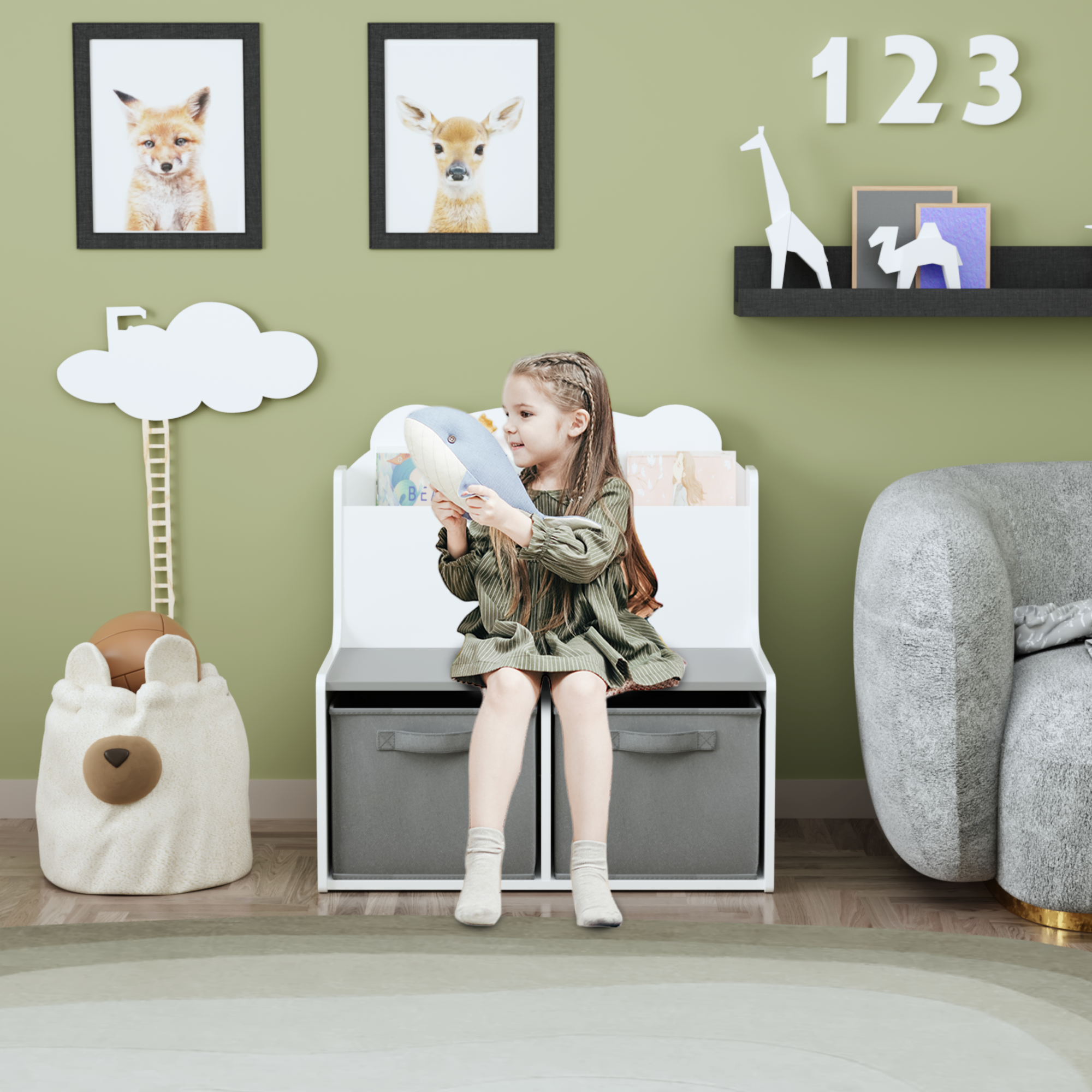 Kids Bookshelf with Storage Bins Wooden Bookcase