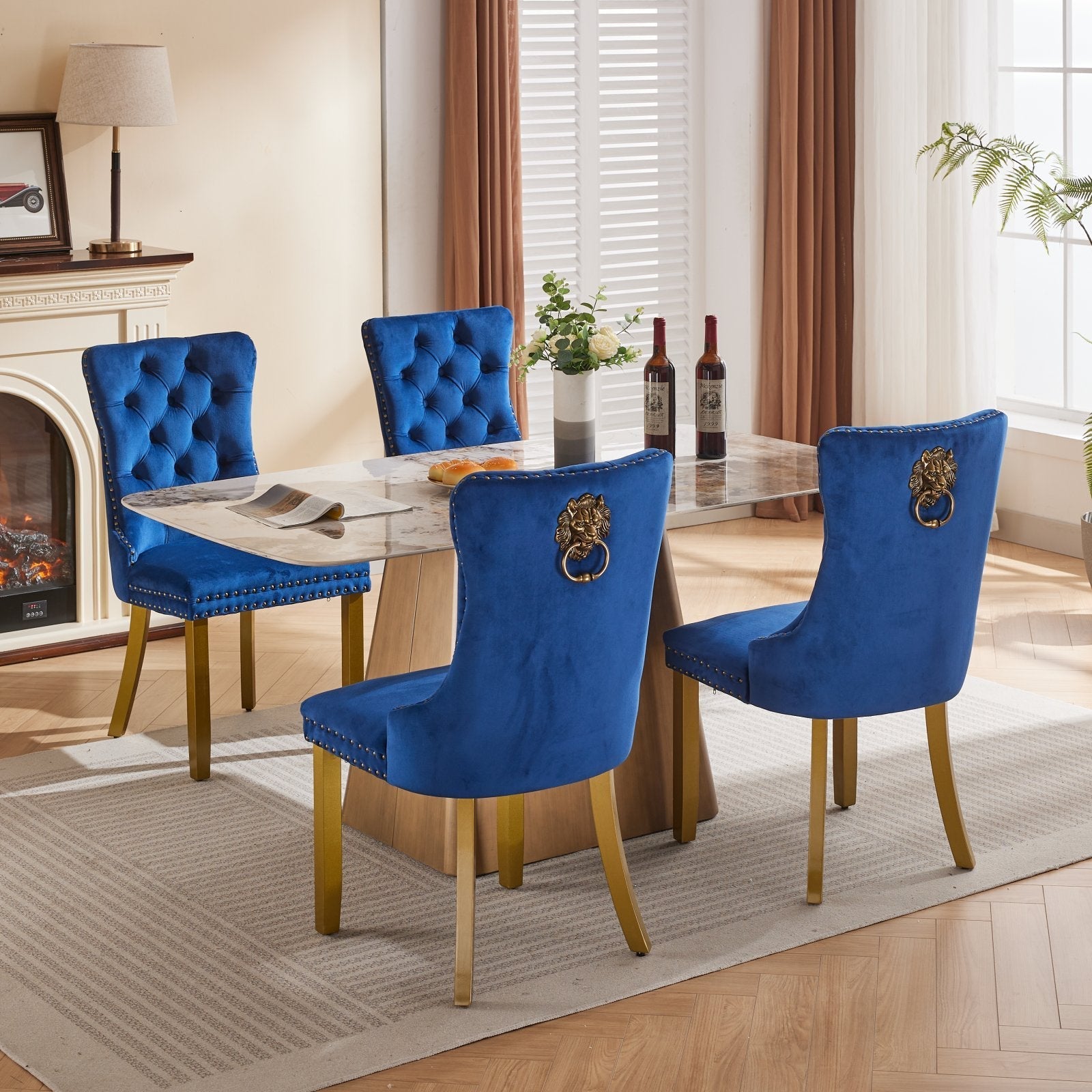 Mid-Century Velvet Dining Chairs with Lion Head Pull Ring (Set of 2)