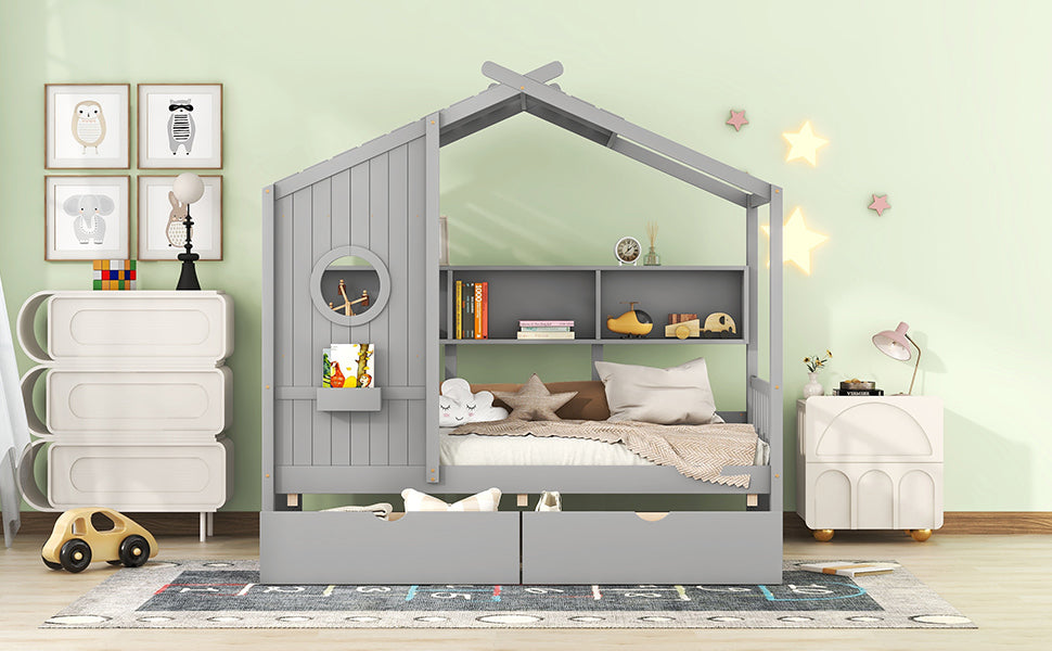 Wooden Twin Size House Bed with 2 Drawers