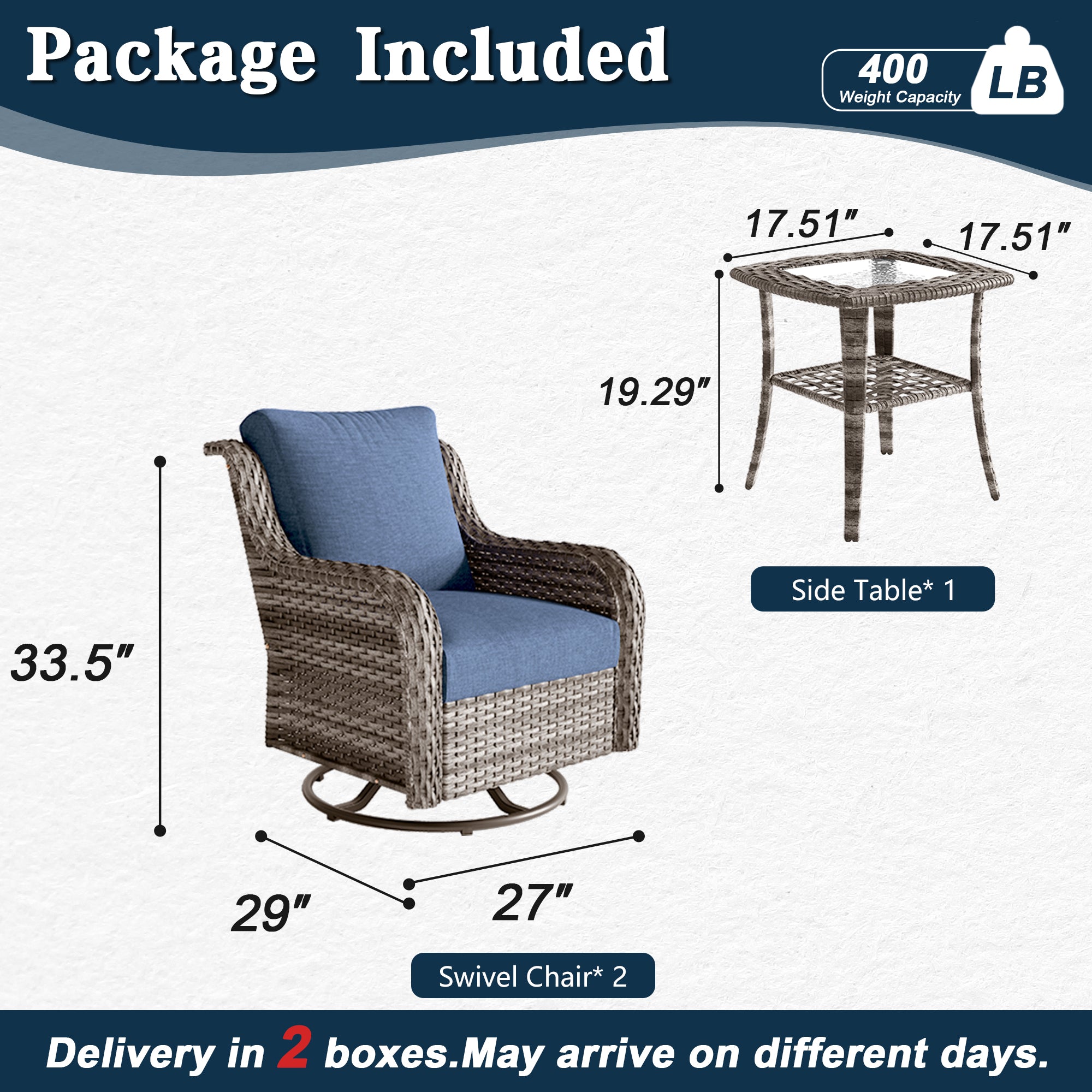 2-Piece Outdoor Wicker Swivel Chairs with Side Table Blue Cushioned Patio Set