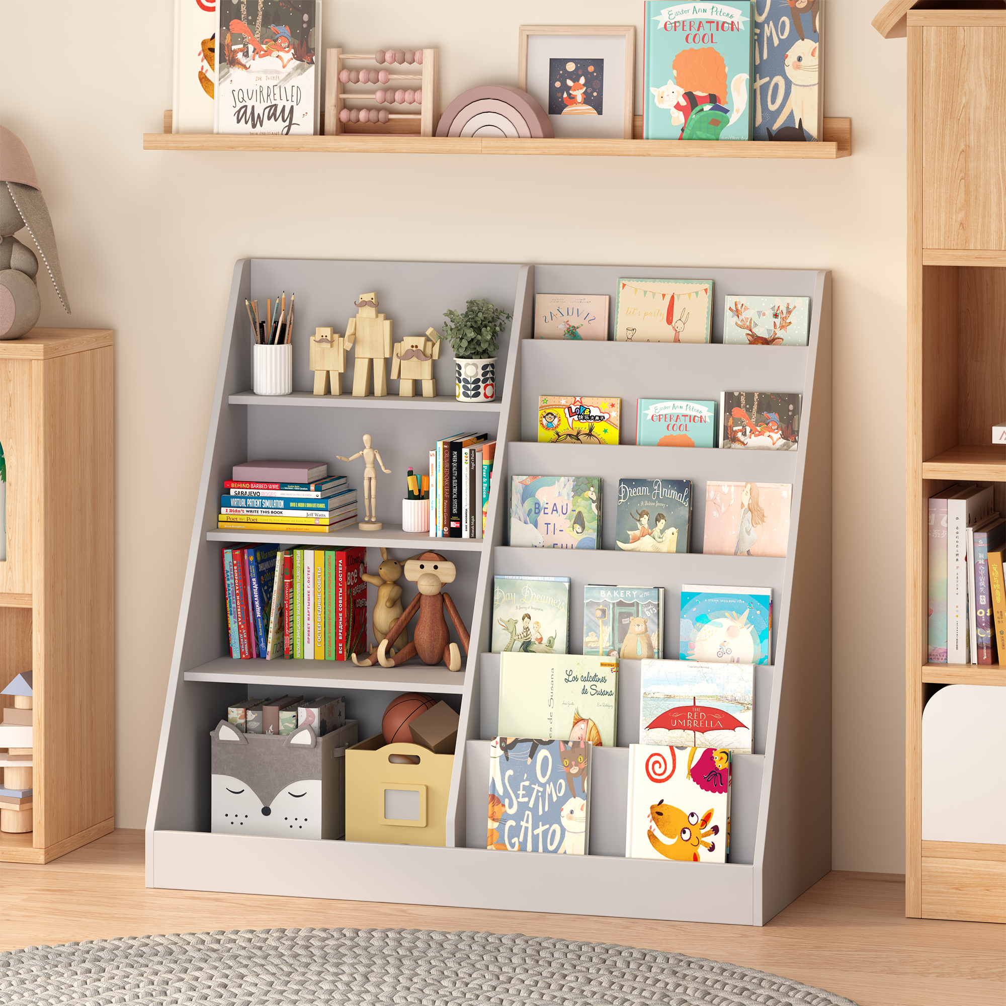 Multifunctional 4 Tier Wooden Kids Book Shelf with  Bookcase Display Stand