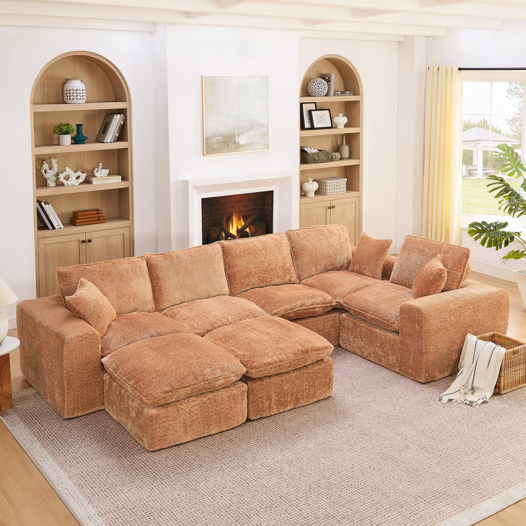 Modern Orange L-Shaped Sectional Sofa with 2 Ottomans Cloud-Like Modular Couch
