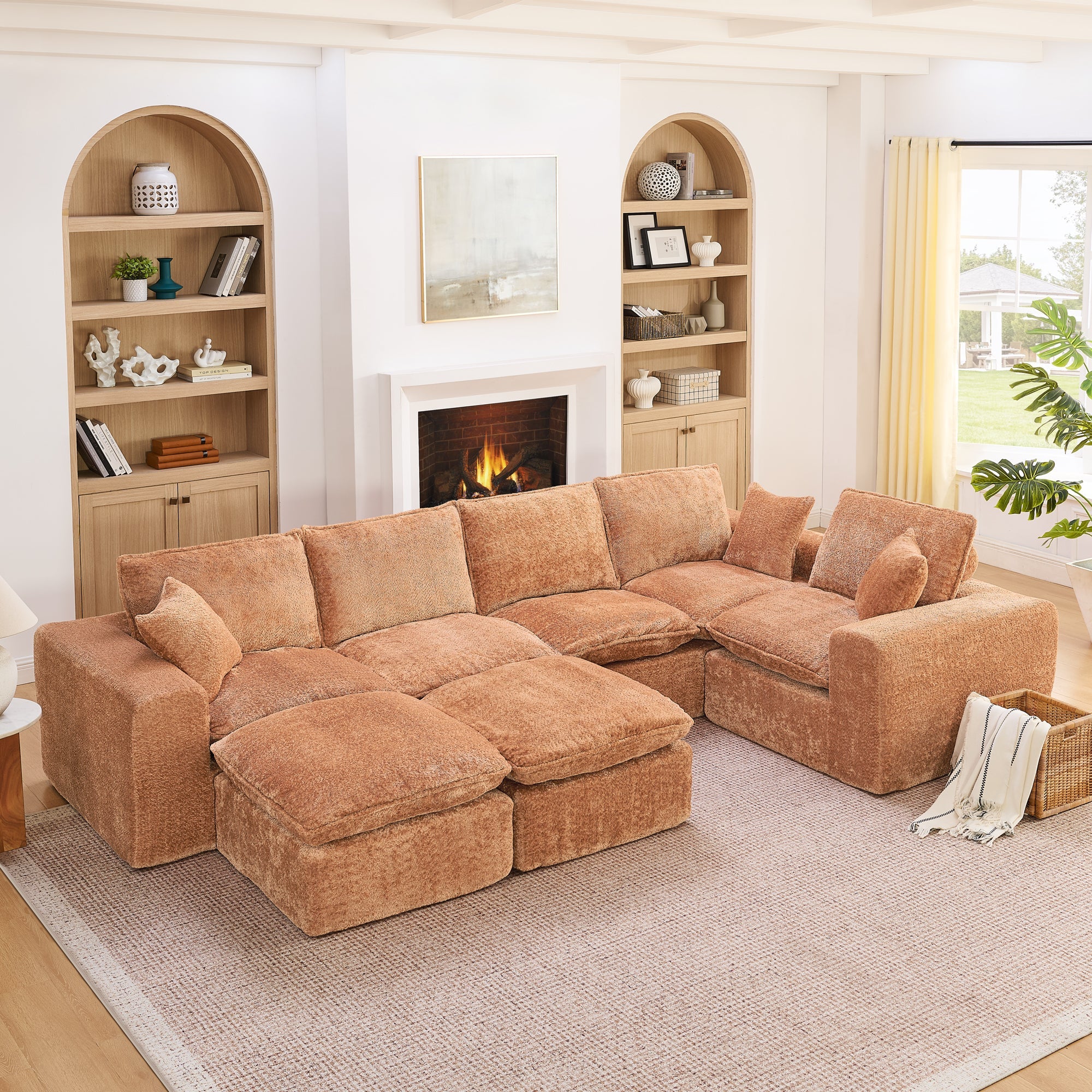 Modern Orange L-Shaped Sectional Sofa with 2 Ottomans Cloud-Like Modular Couch