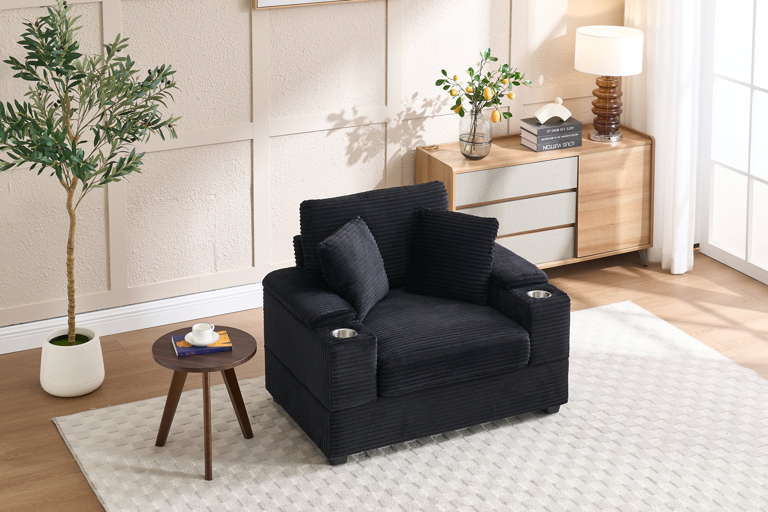 Corduroy Upholstered Chaise Lounge Sofa with Handrail Storage