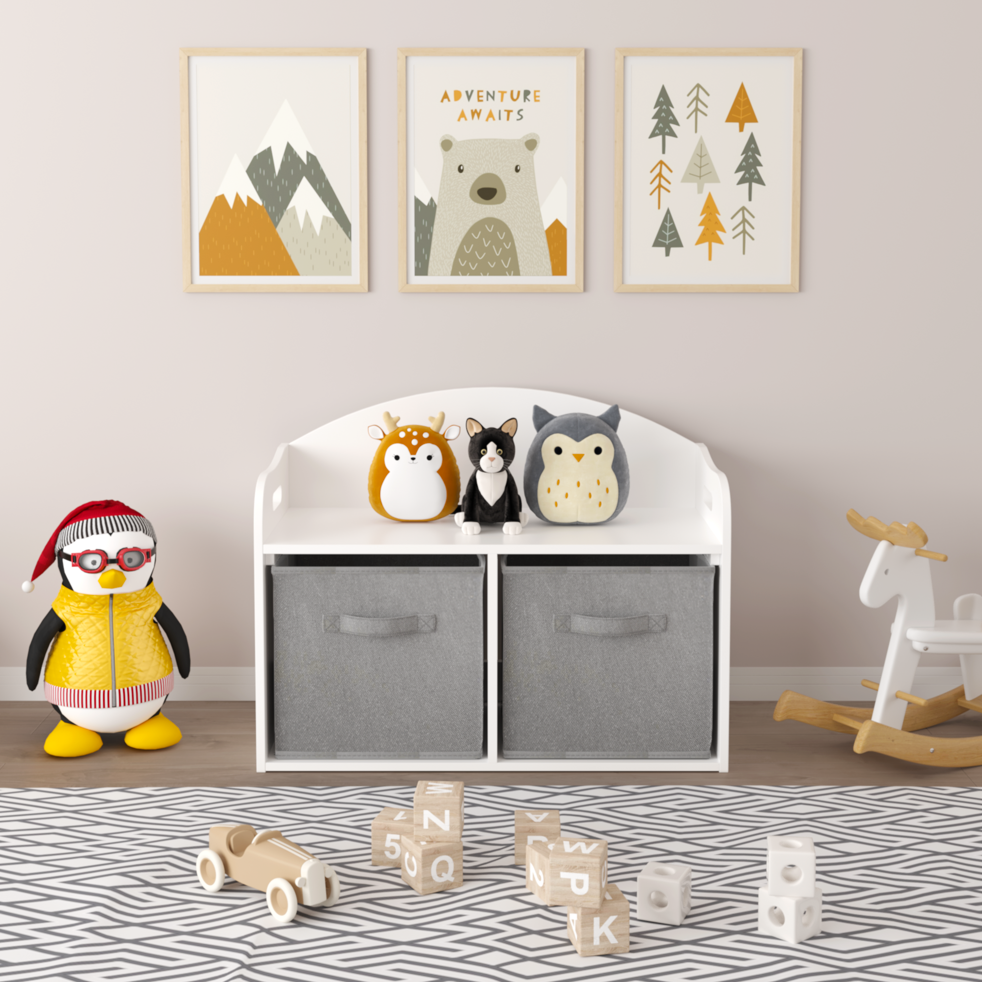 Kids Wooden Toy Box with Collapsible Fabric Drawers