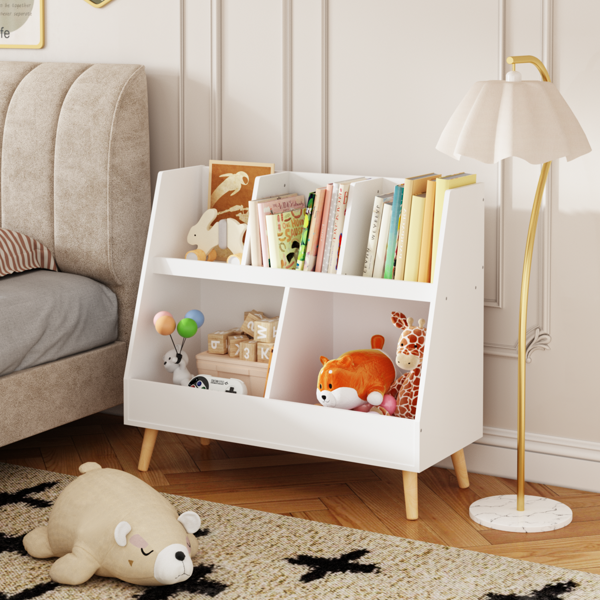 Modern Kids Bookshelf and Toy Organizer with White MDF and Pine Legs