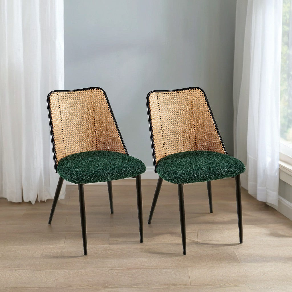 Green Rattan Boucle Dining Chairs with Natural Cane Back (Set of 2)