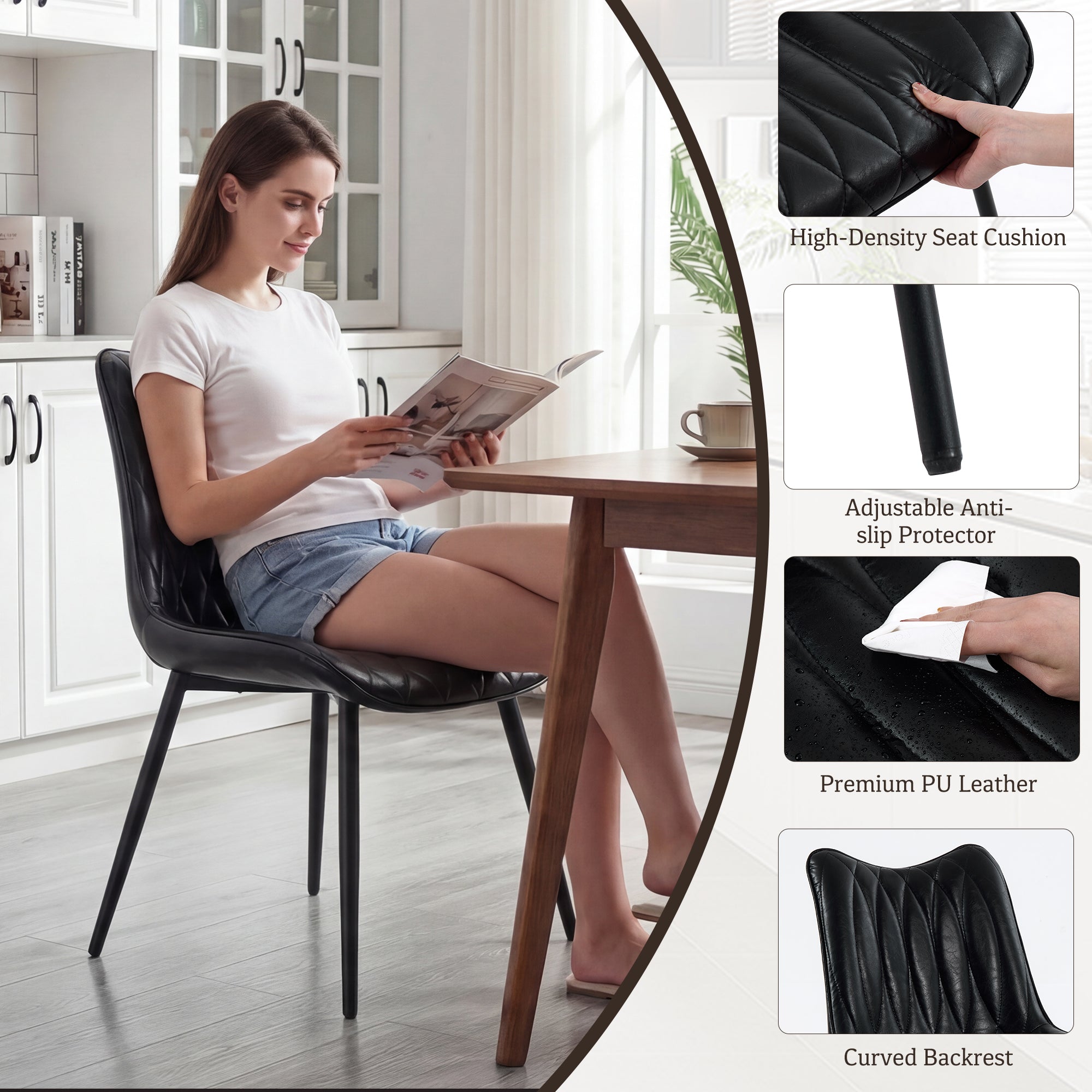 Firmoz Modern PU Leather Dining Chair with Black Iron Legs & Ergonomic Backrest