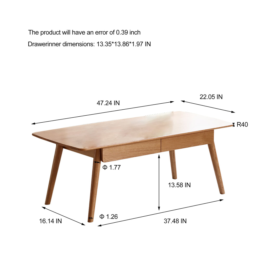Low Table 100% Solid Wood 2-Drawer Natural Oak Coffee Table