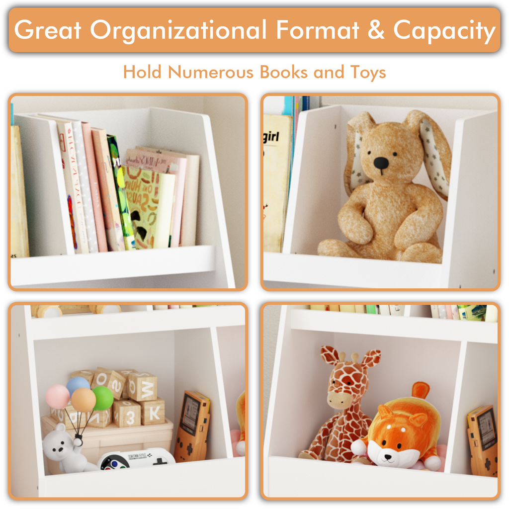 Modern Kids Bookshelf and Toy Organizer with White MDF and Pine Legs