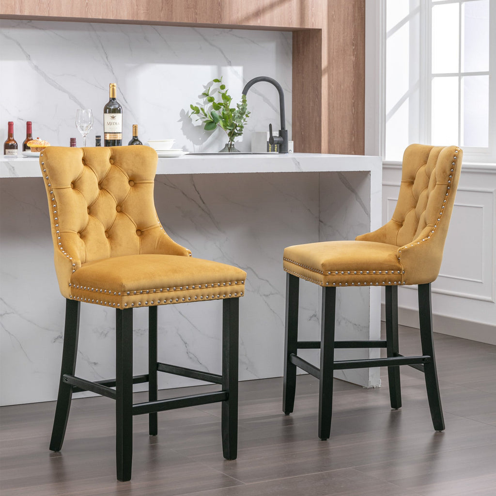 Contemporary Velvet Upholstered Barstools with Button Tufted Decoration (Set of 2)