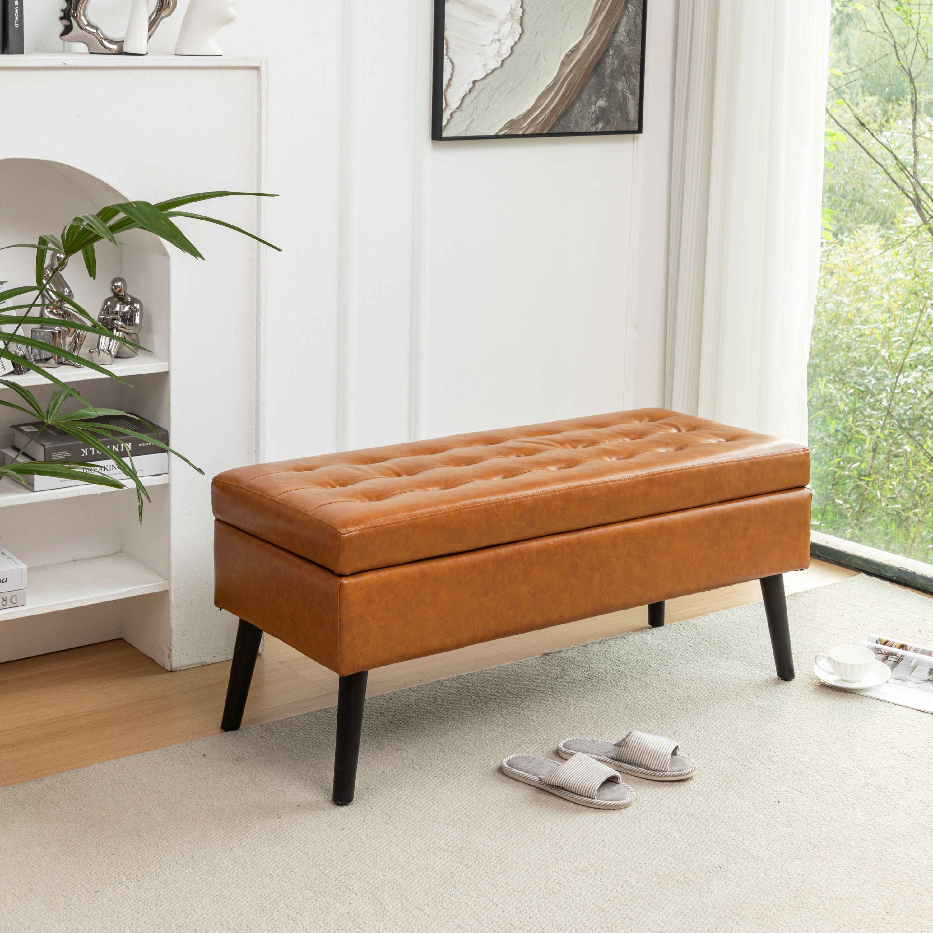 Brown PU Leather Storage Bench