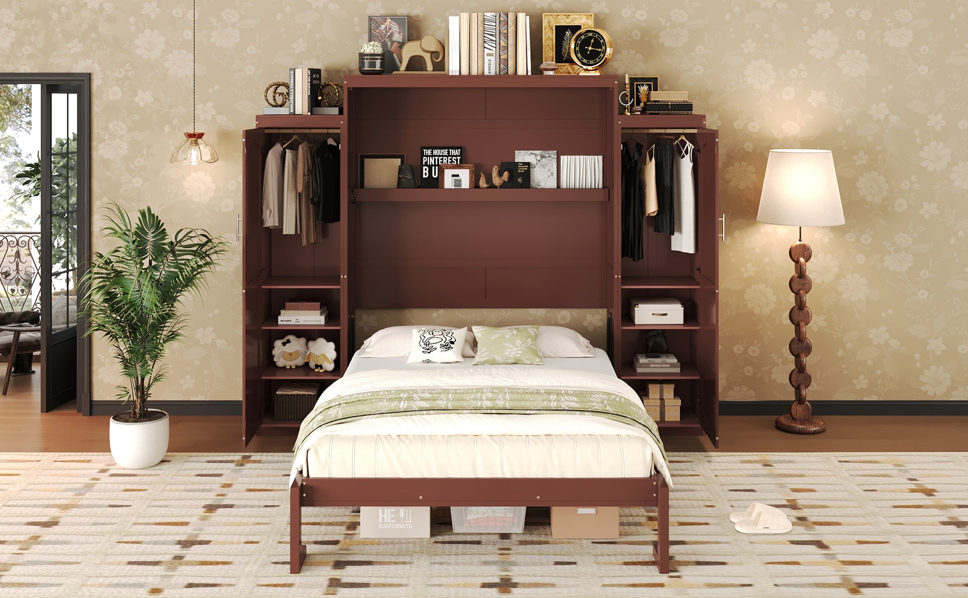 Wooden Queen Wall Bed with 2 Wardrobe and Storage Shelf
