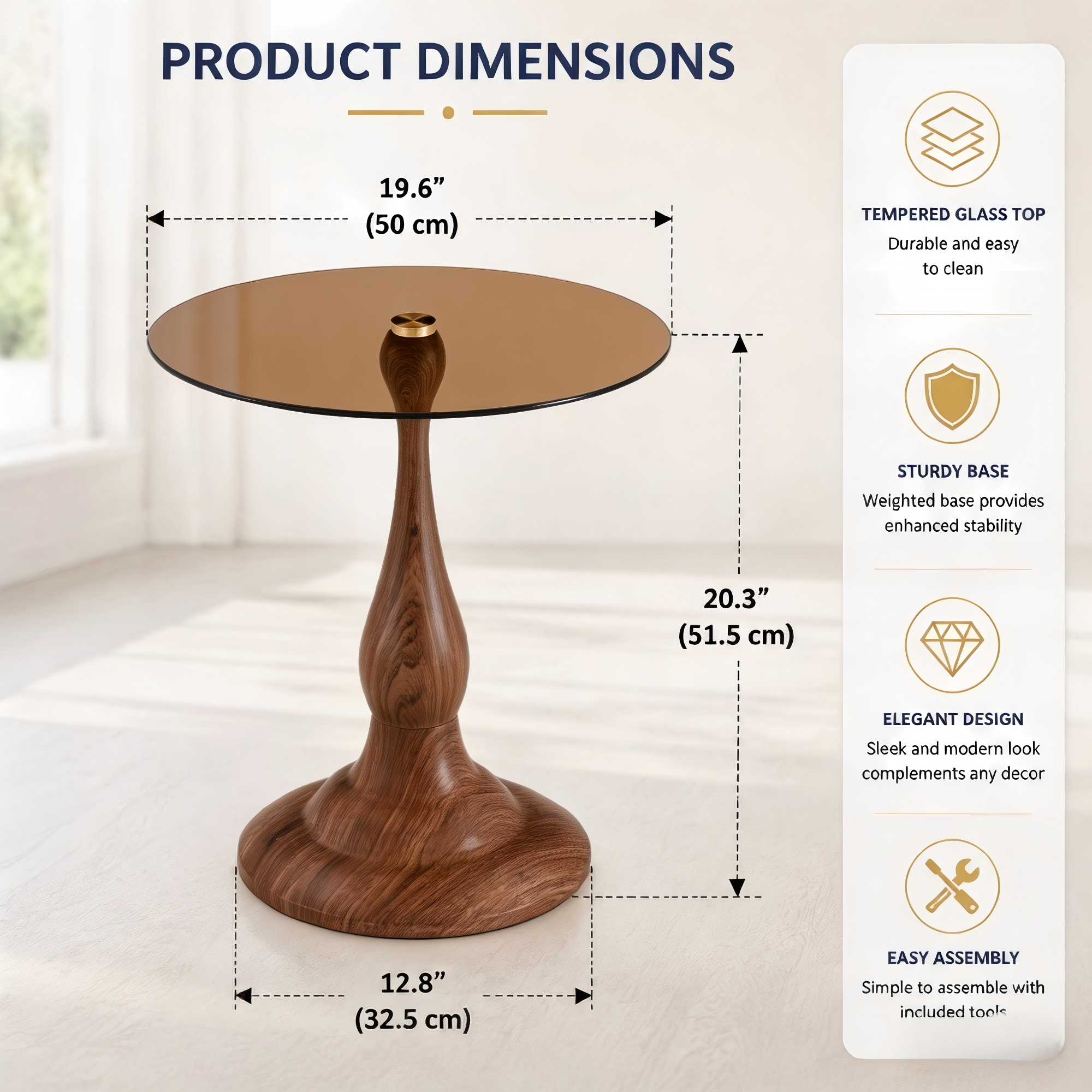 20" Small Luxury Metal Round Side Table with a Glass Top