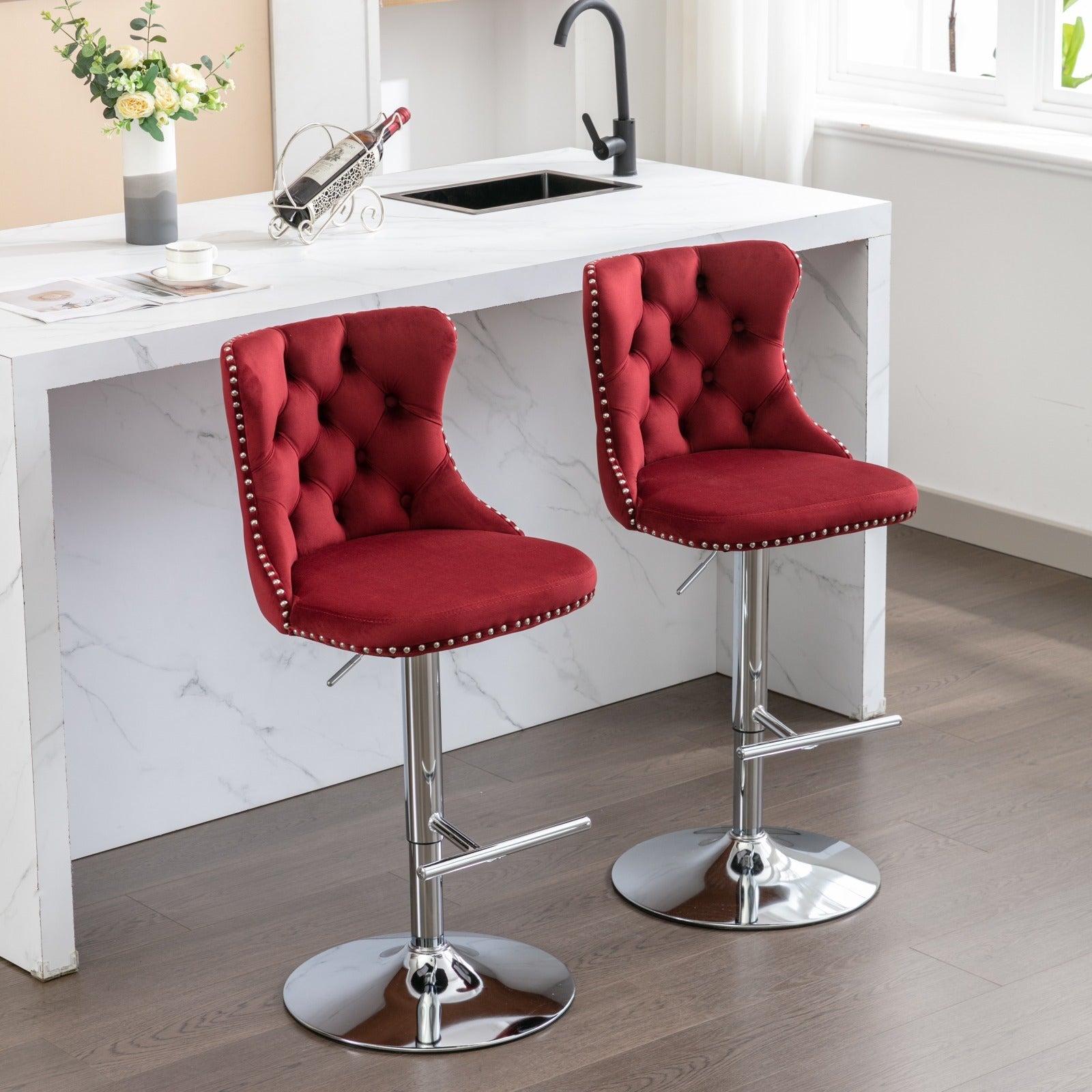 25-33 Inch Modern Velvet Swivel Barstools (Set of 2)
