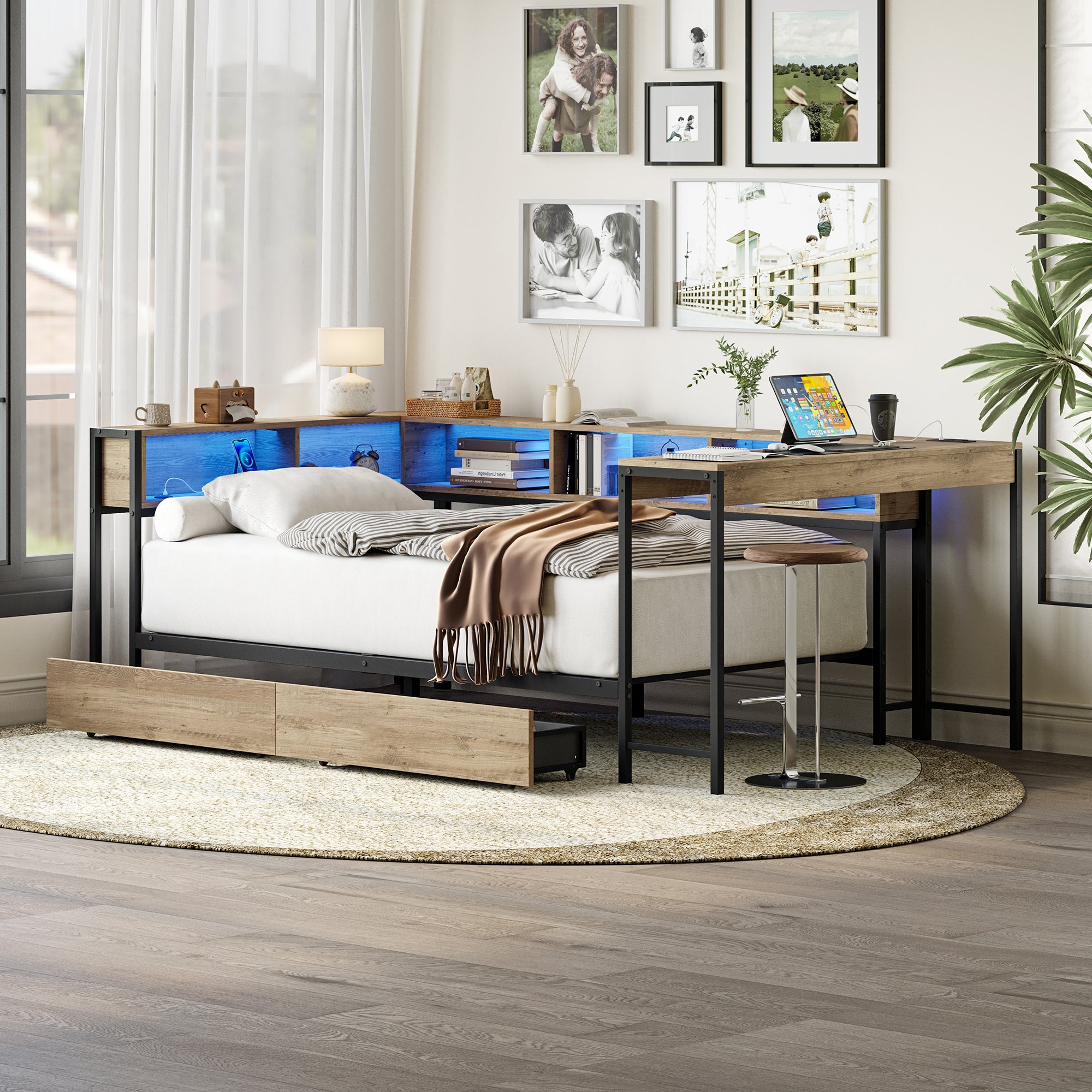 Modern Twin Bed with LED Light and Charging Station