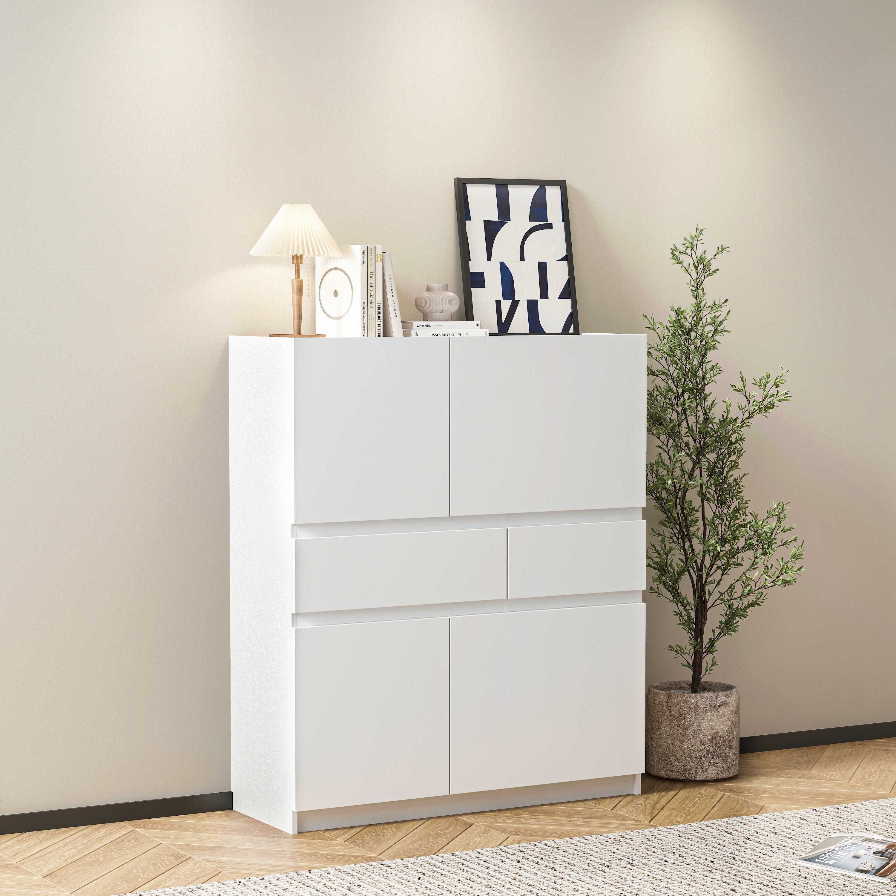 Wooden Storage Cabinet with 4 Doors and 2 Drawers